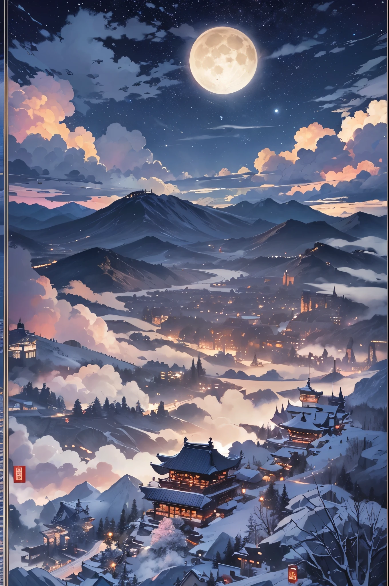 ((highest quality)),(Ultra-high resolution),(Super detailed new),(Detailed Description),((The best CG)),(A masterpiece),Ultra-detailed art,A wonderful new art form,(Art with precise detail:1.5), milky way, spring, Mountain, moon, cloud