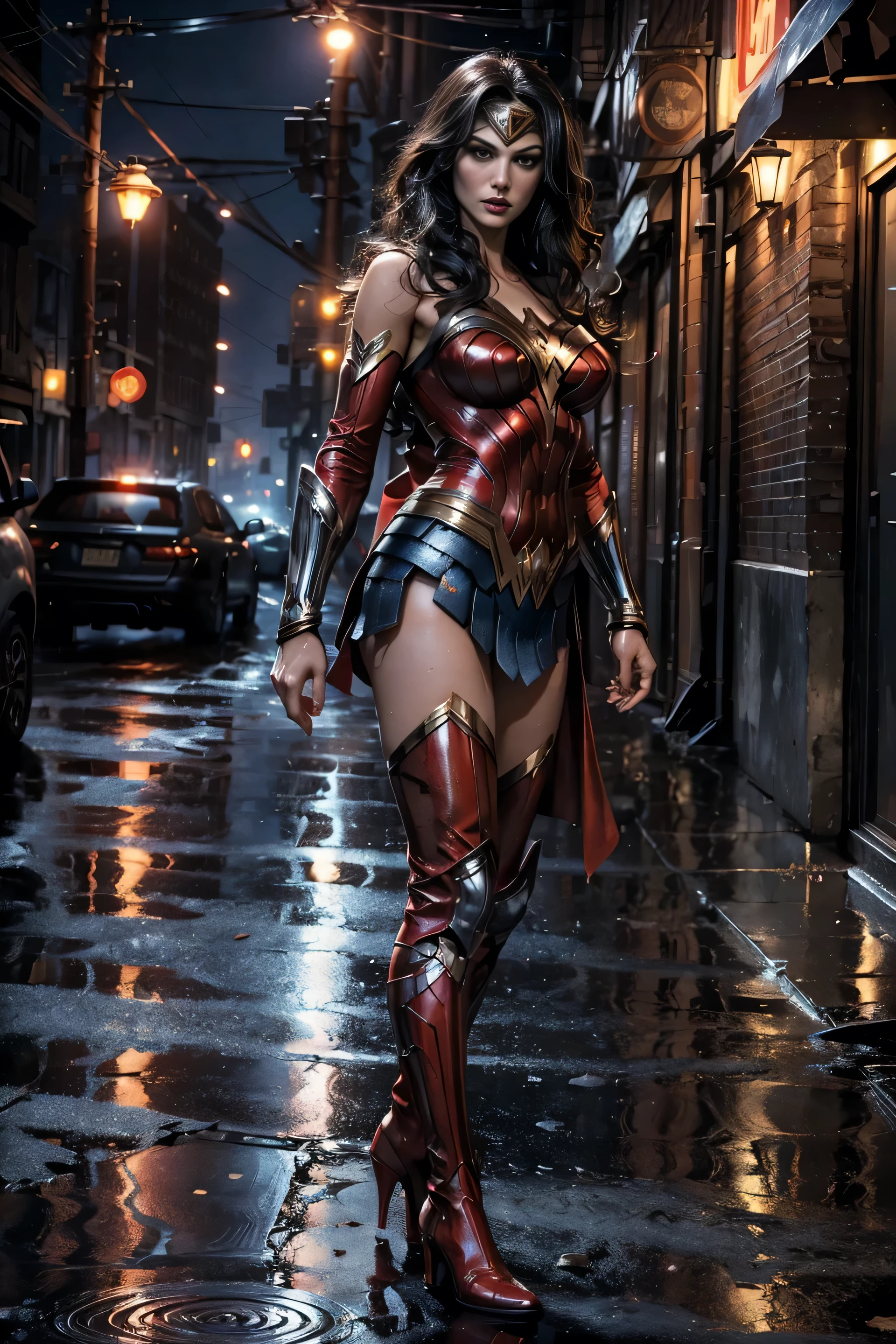 full body sexy, sensual, beauty, superheroine Wonder Woman, long black hair, bangs, parted bangs, furrowed brow, makeup, brown eye, red lips, large breast, angry, red and blue leather suit of armor, tall leather boots, walking on the dirty, messy streets of a dark, haunted, deserted city, twilight, dense fog , dirty floor with a startled expression Hyperrealism, depth of field, cinematic lighting, from side, 35mm, Eye-Level Shot, masterpiece, anatomically correct, 8k