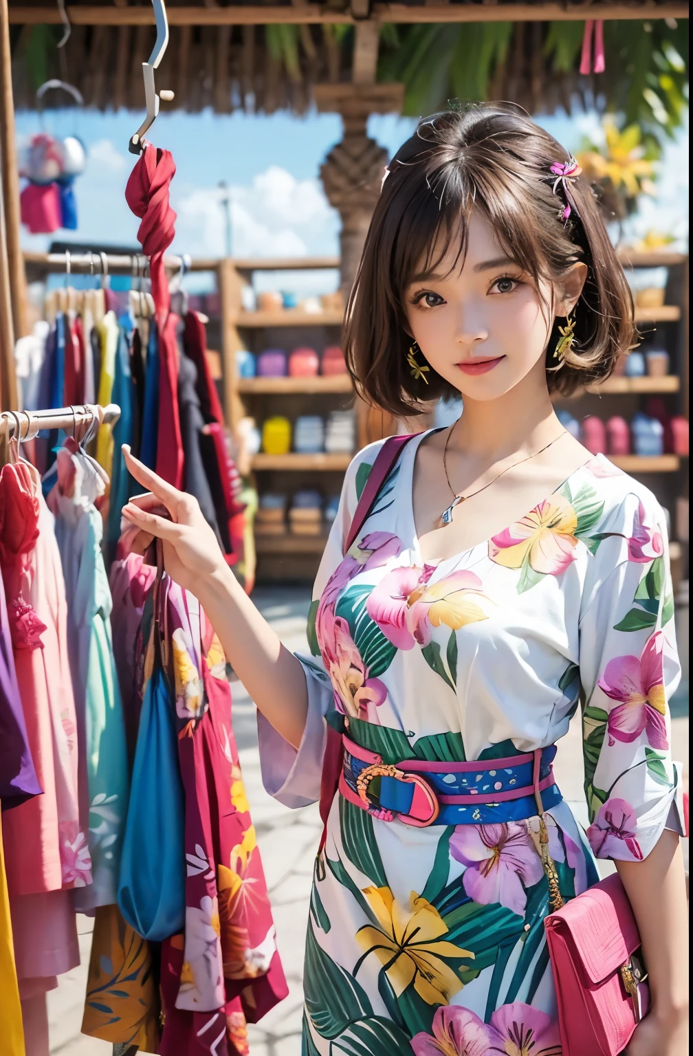 ((highest quality、8k、masterpiece:1.3))、Sharp focus:1.2、(Realistic、Photorealistic:1.37)、((Beautiful smile))、Focus on the viewer、Woman with beautiful face、(((32 years old)))、Pointed Chest、Long eyelashes、Colored Contact Lenses、big 、Delicate、Very fine grain、Very fine eyebrows、（Sharp eyebrows）、（Thin eyebrows）、Very very very detailed face、((Brunette short messy hair)),Dressed、Detailed Background(8k、masterpiece、highest quality、Raw photo)

(((In a shop with a tropical resort atmosphere of Bali、(Choosing colorful clothes from the hanger:1.3)Please draw a woman:1.3)))There is a wooden display rack in the background.、Colorful batik and sarongs、Sandals and other accessories are included。Outside the shop you can see a lush tropical garden.、Palm trees and vibrant flowers々is in full bloom。

She is wearing a clean white blouse and denim skirt.、I am looking at bright and colorful tropical clothing.。Her expression is joyful、His eyes were wide open in a bit of surprise.、A gentle smile on her lips。

Her mannerisms are relaxed.、She is holding a batik dress in her left hand and gently stroking it with her right hand.。Other tourists and store clerks can be seen in the background.、The shop is filled with bright natural light.。
