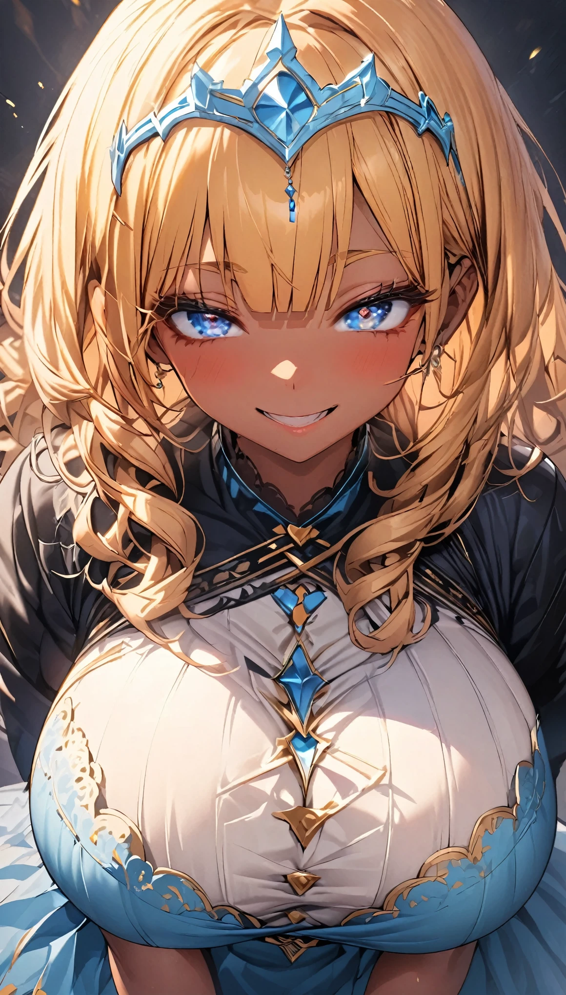 masterpiece, best quality, extremely detailed, high resolution, Japanese anime,1girl, (dark skin:1.2), gold hair, (short length hair:1.4), (blunt bangs:1.3), curly hair, wavy hair, drill hair, (huge breasts:1.5), (eye lashes:1.3), (eye brow:1.4), (blue eyes:1.5), (beautiful detailed eyes:1.4), (eyes half-closed:1.5), laughter, 130cm tall, original character, fantasy, (black background:1.2), beautiful fingers, standing, (blue orange-colored lace frill dress:1.5), (mechanical tiara:1.5) , shoot from front, looking at viewer