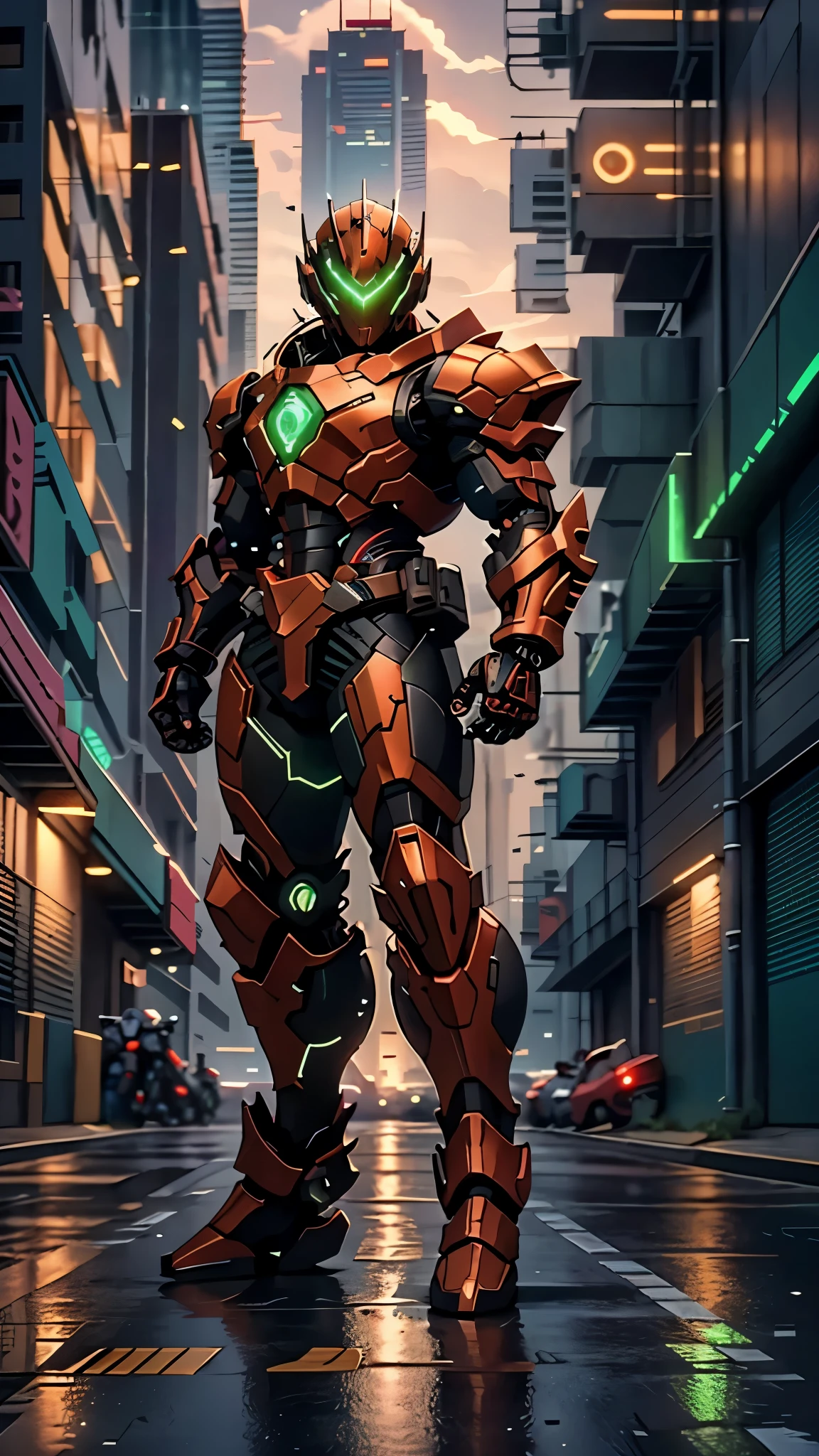 A man wearing a full-face helmet, a fantasy-style biotech armored combat suit, green eyes, (a composite layered chest armor), fully enclosed shoulder guards, matching arm and leg guards, the belt is adorned with exhaust pipes, (the color scheme is primarily black glow with green and red accents), the design balances heavy with agility, a high-tech bio-mecha armor, (Armor Concept Inspired by Cyberpunk motorcycle, stand on the top of a skyscraper in a futuristic sci-fi city), this character embodies a finely crafted fantasy-surreal style armored hero in anime style, exquisite and mature manga art style, (battle damage, element, plasma, energy, the armor glows), ((male:1.5)), metallic, real texture material, dramatic, high definition, best quality, highres, ultra-detailed, ultra-fine painting, extremely delicate, professional, perfect body proportions, golden ratio, anatomically correct, symmetrical face, extremely detailed eyes and face, high quality eyes, creativity, RAW photo, UHD, 32k, Natural light, cinematic lighting, masterpiece-anatomy-perfect, masterpiece:1.5