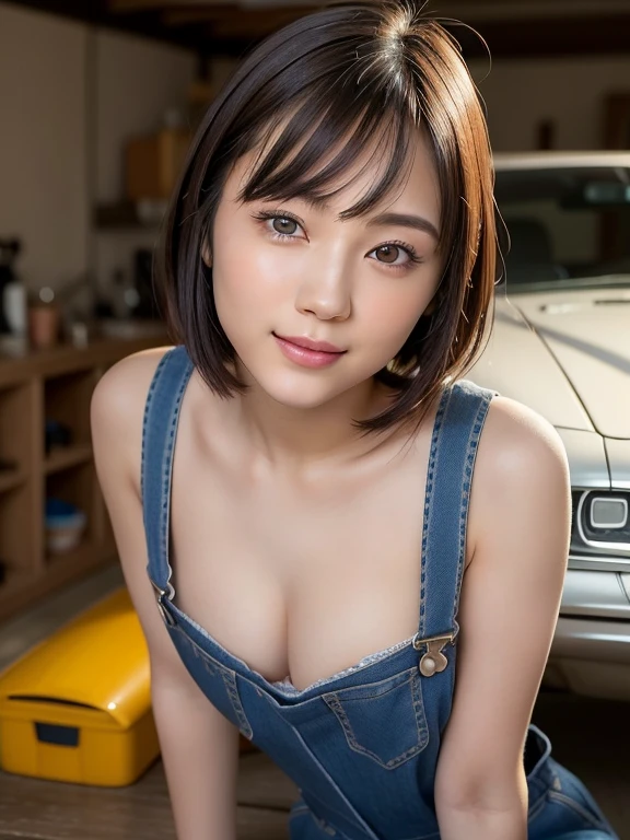 (slightly above), (best quality: 1.5), (realistic: 1.5), (1 person: 1.5), (very detailed), (high resolution), 8k, (naked overalls), (small breasts), Natural colored lips, cute smile, Japanese woman, 20 year old girl, (Beautiful and elaborate face), (Perfect and beautiful face), (Big eyes), (Beautiful and elaborate face), (Beautiful eyes with left and right balance) , beautiful double eyelids, perfect and beautiful face, thin arched eyebrows, slim face, (slim figure), beautiful thin nose, beautiful skin, (medium bob hair), natural bangs, fair skin, frontal lighting, (lighting the face), brunette eyes, slim waistline, slender beautiful legs, beautiful cleavage, small breasts, (slim body), wear overalls naked, garage, private car,