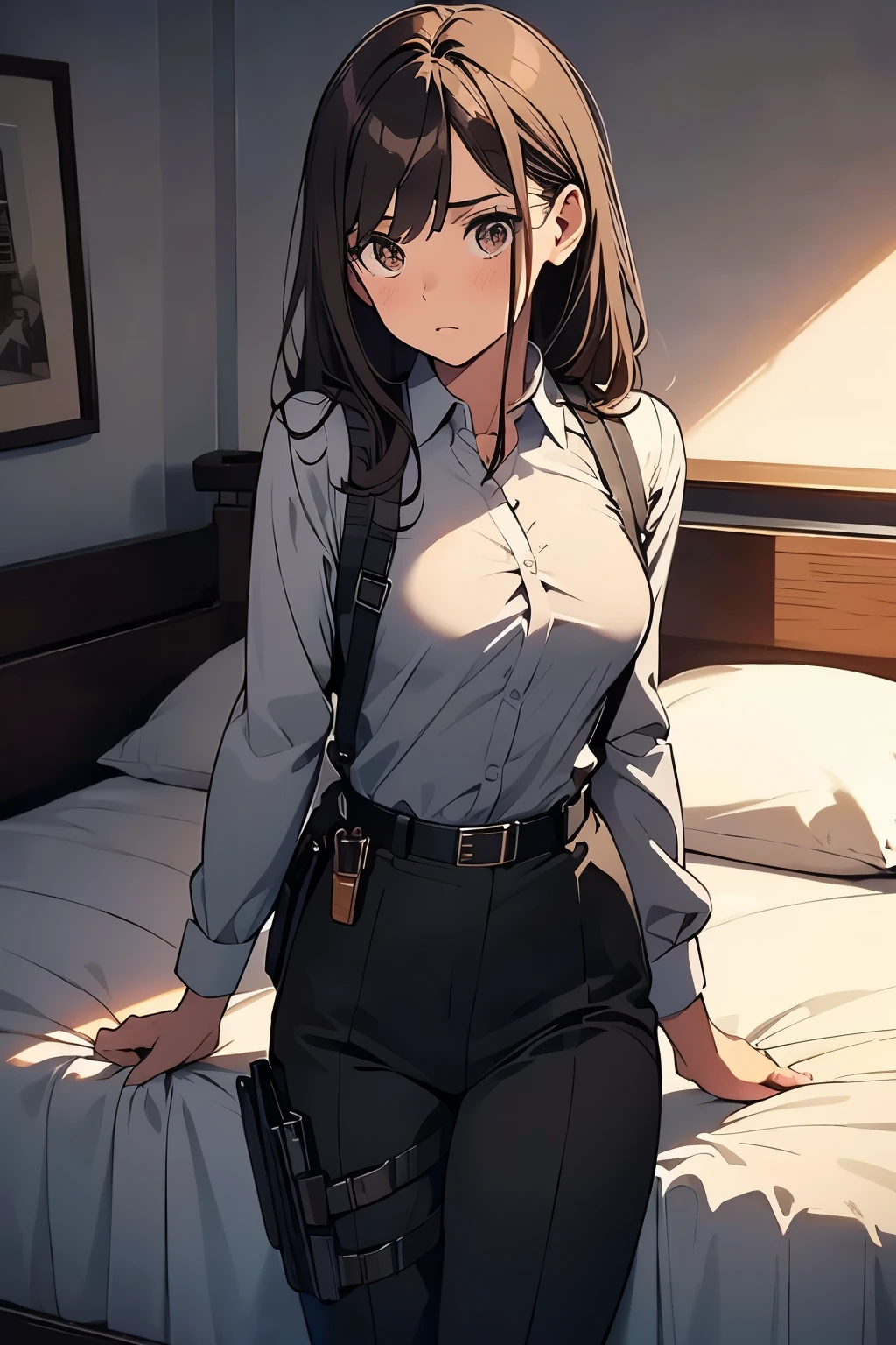 Brown Hair、Staring at the audience Black suspenders bulging big breasts wall: Black pantsuit sight Small face holster Beautiful woman Show your hand Lying in bed sight Taunt side side汗 arm Dress shirt Black Suit belt