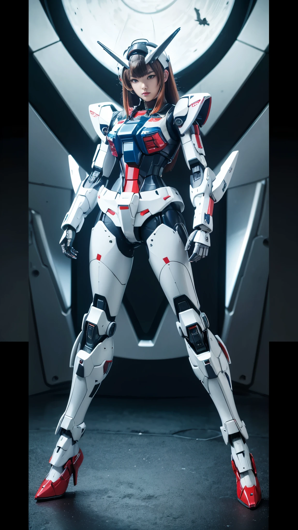 Textured skin, Super Detail, high details, High quality, Best Quality, hight resolution, 1080p, hard disk, Robot Girl,(Gundam Girl),beautiful cyborg woman,Mecha Cyborg Girl,Battle Mode,Girl with a Mecha Body,She wears a futuristic Gundam mecha,Fulll body Shot,Mobile Suit Girl