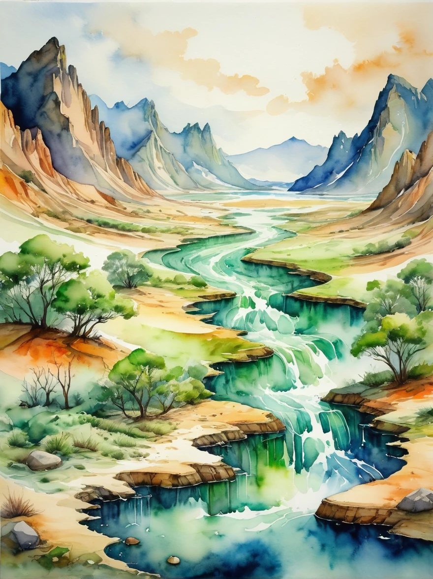 1hbgd1, An artistic representation of the concept of climate change, depicted through the medium of watercolor. The image showcases the stark contrast between a healthy, green environment on one side and a barren, desolate landscape on the other as a representation of the effects of climate change. This contrast manifests through changes in ecosystem and species, weather patterns, and ocean currents. The watercolor style emulates the fluid and changeable nature of the earth's climates and ecosystems, (Watercolor style:1.5)