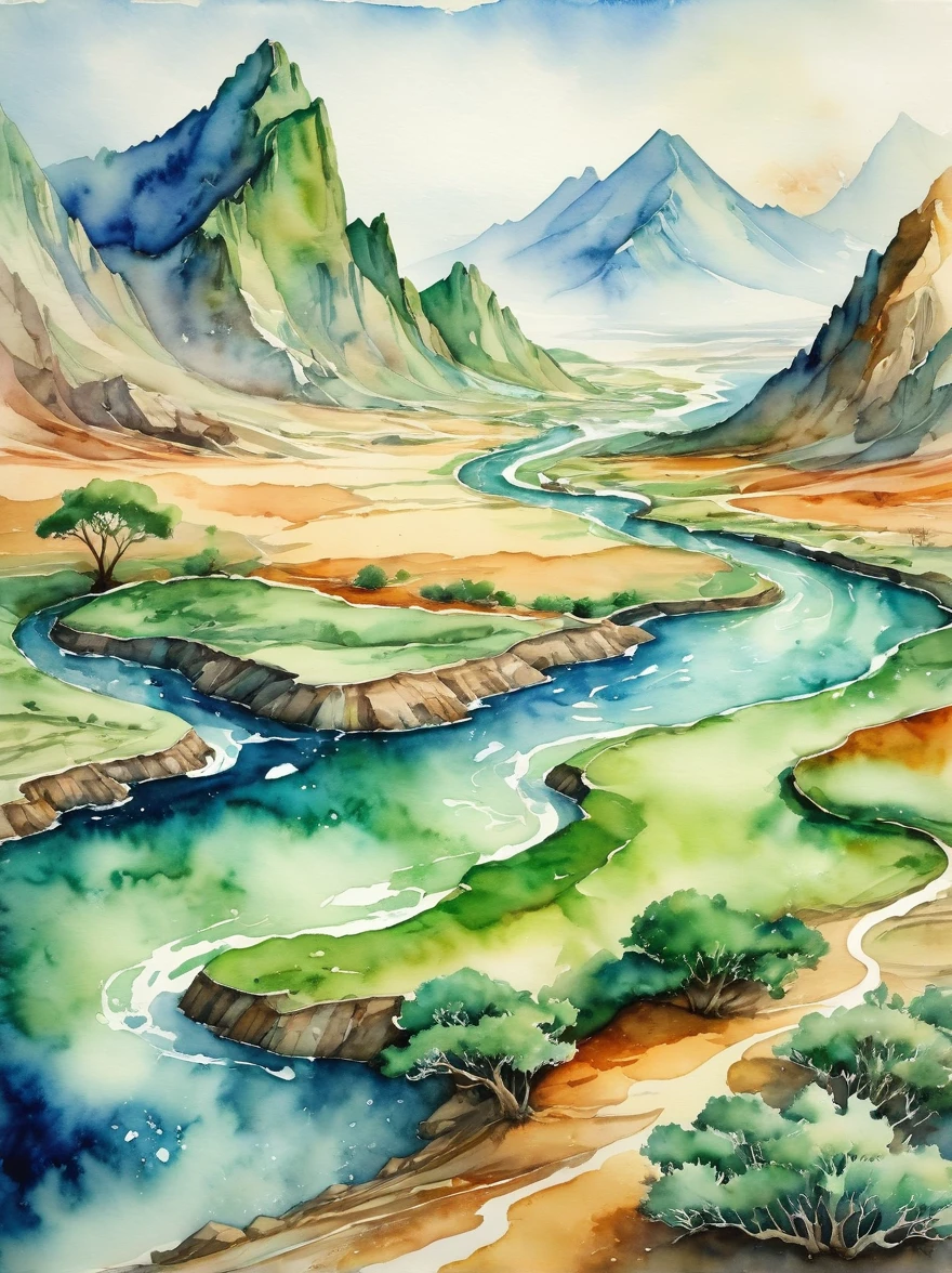 1hbgd1, An artistic representation of the concept of climate change, depicted through the medium of watercolor. The image showcases the stark contrast between a healthy, green environment on one side and a barren, desolate landscape on the other as a representation of the effects of climate change. This contrast manifests through changes in ecosystem and species, weather patterns, and ocean currents. The watercolor style emulates the fluid and changeable nature of the earth's climates and ecosystems, (Watercolor style:1.5)