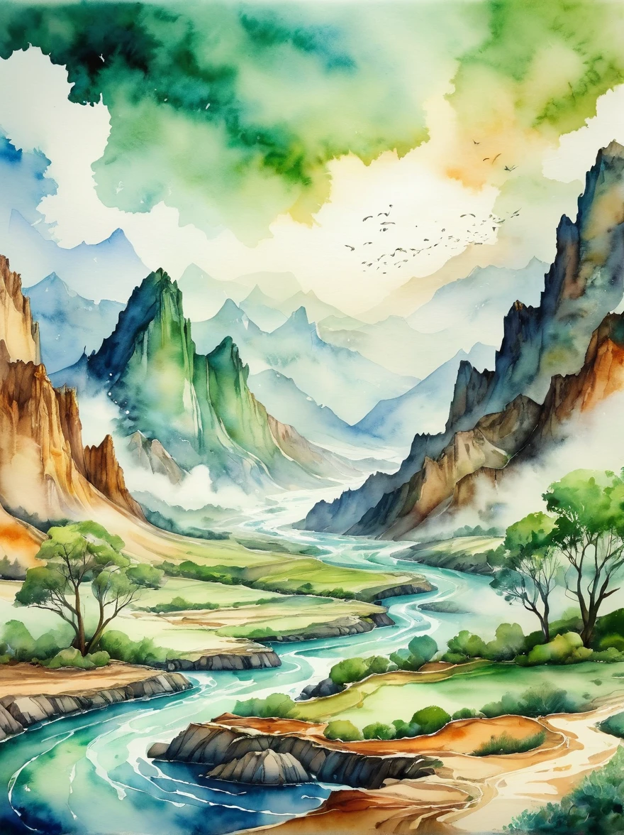 1hbgd1, An artistic representation of the concept of climate change, depicted through the medium of watercolor. The image showcases the stark contrast between a healthy, green environment on one side and a barren, desolate landscape on the other as a representation of the effects of climate change. This contrast manifests through changes in ecosystem and species, weather patterns, and ocean currents. The watercolor style emulates the fluid and changeable nature of the earth's climates and ecosystems, (Watercolor style:1.5)