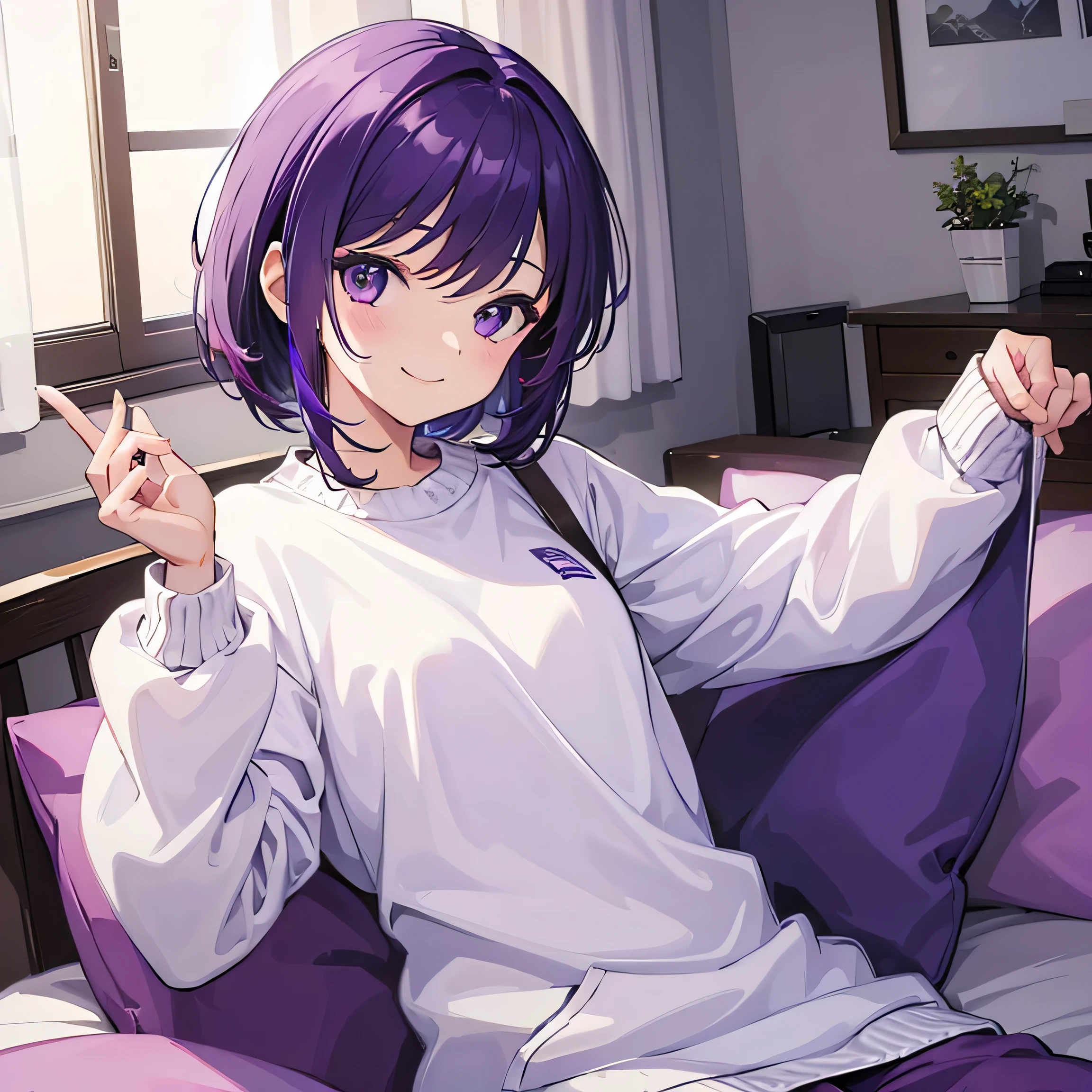 (T Masterpiece，4K wallpaper，Best Quality))、((girl１people))、(solo)、Bright and Brilliant，(Purple Hair)、(Shortcuts:1.3)、smile、Bedroom、sweater、morning