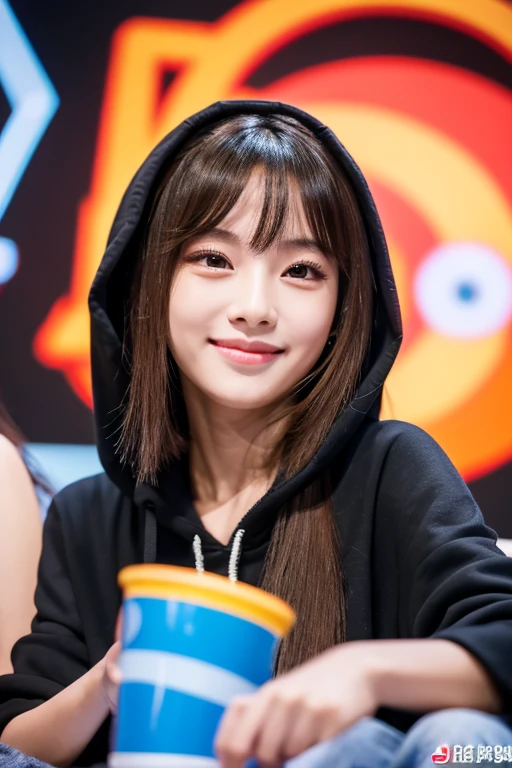 masterpiece, highest quality, 8k, Ultra-dense skin, Perfect Anatomy,Upper Body,cute, Chinese women,1 girl, Colorful long hair,Straight hair,Oily, shiny skin,Black hoodie,Chinese women,Young adorable Chinese face, Chinese women idol portrait,Chinese facial features, Korean Girls, 15 years old,On the bed,Crossing your legs,Looking at the audience,Sharp focus,Focus on the center,Devilish smile,double eyelid,Detailed face,Smooth Skin,Highly detailed eyes,Excited,Detailed Description,Sexy pose