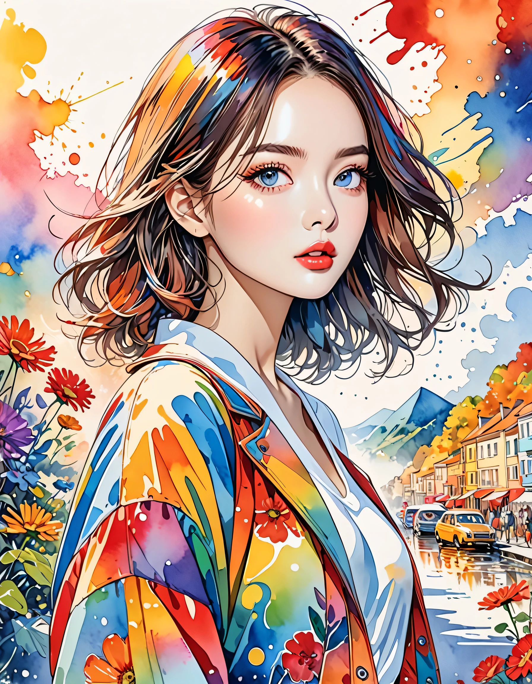 Micho Style、(((stylish fashion))), 8K Quality、Intense watercolor, Detailed watercolor art, Watercolor splash, Surreal, avant-garde pop art, Beautiful and expressive paintings, Beautiful artwork illustration, Very colorful tones, wonderful, Cool beauty, highest quality、Official Art, Vector art, Stylish design, (((The most beautiful girl))), (((highest quality))), HDR, ((detailed)), (((Doodle Art)), ((masterpiece)), ((Super detailed)), (((Stylish))), ((beautiful morning))), (((walking)))