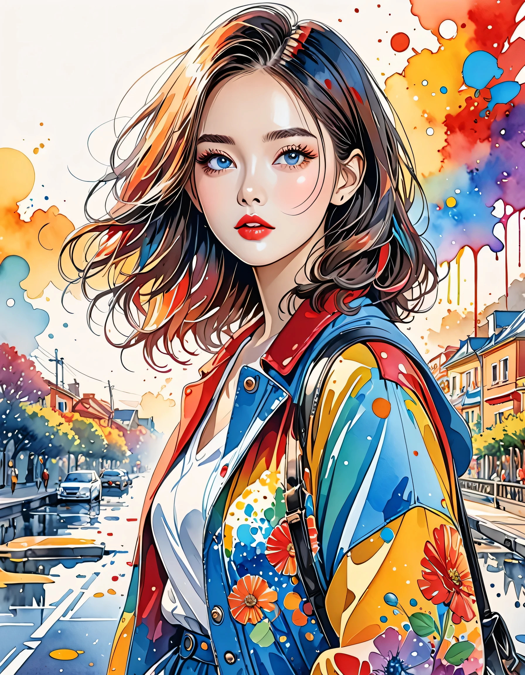 Micho Style、(((stylish fashion))), 8K Quality、Intense watercolor, Detailed watercolor art, Watercolor splash, Surreal, avant-garde pop art, Beautiful and expressive paintings, Beautiful artwork illustration, Very colorful tones, wonderful, Cool beauty, highest quality、Official Art, Vector art, Stylish design, (((The most beautiful girl))), (((highest quality))), HDR, ((detailed)), (((Doodle Art)), ((masterpiece)), ((Super detailed)), (((Stylish))), ((beautiful morning))),  (((walking)))
