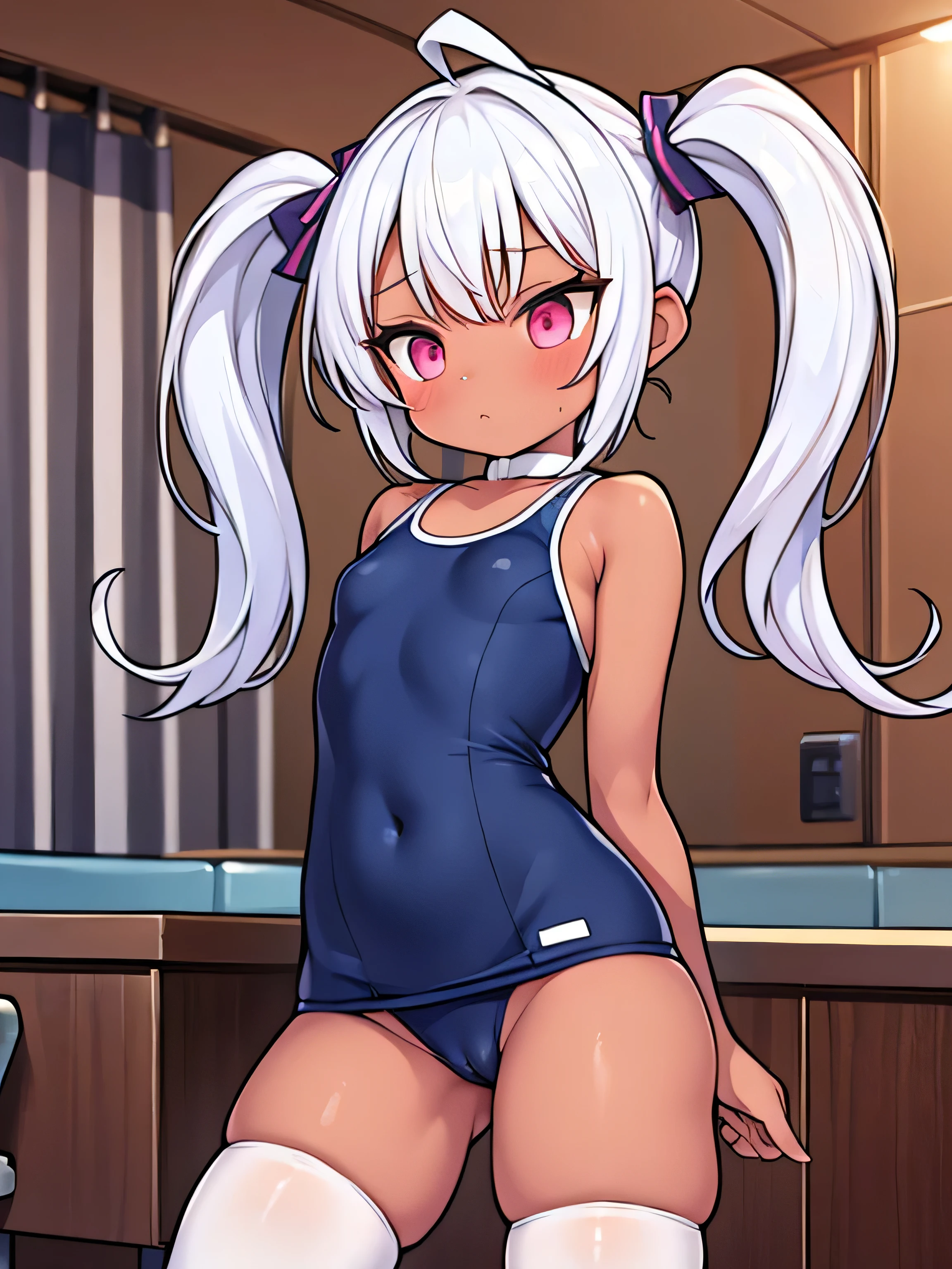 nsfw, masterpiece, best quality, ultra detailed,1 girl, twin tail, school swimsuit, tanned skin, thigh-high socks, peeing, tentacle pit,