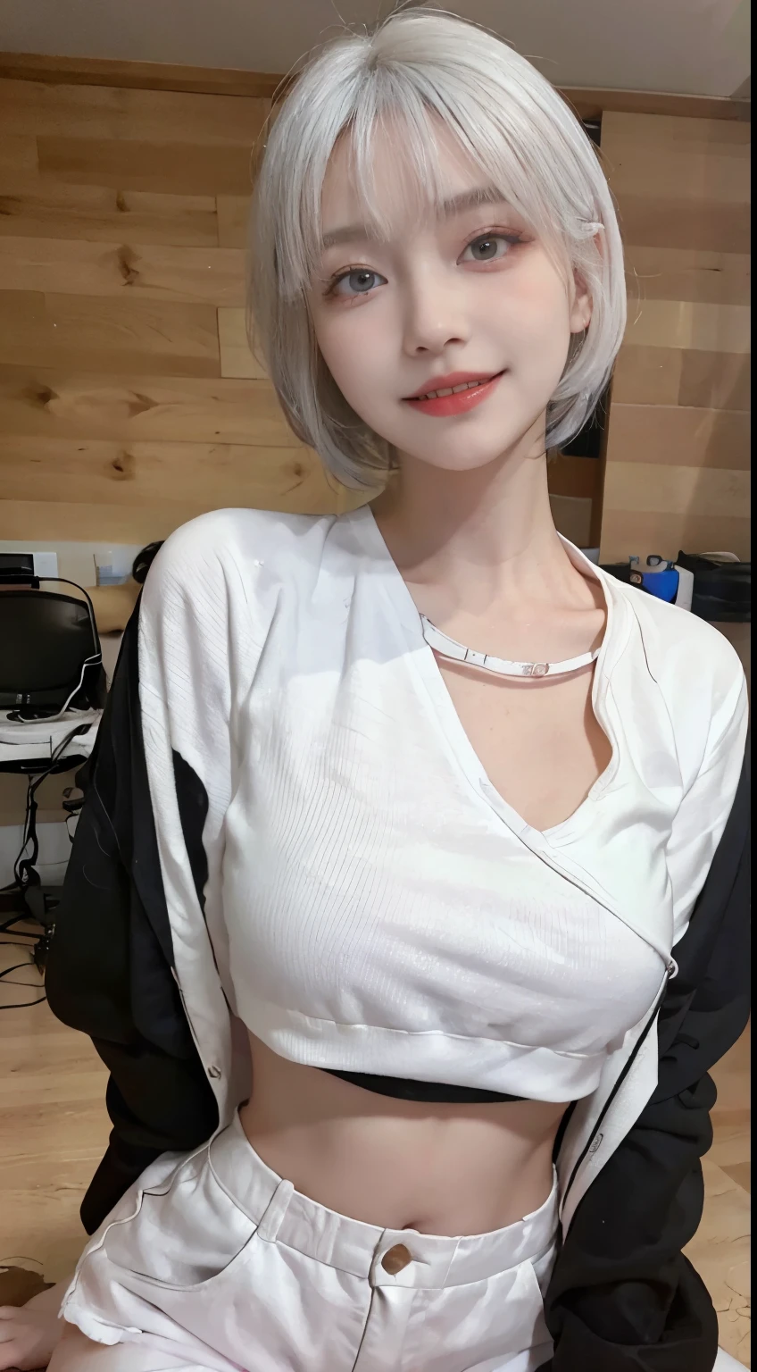 Best image quality、RAW Photos、超A high resolution、21 years old Korean、Small breasts、Dynamic Angle、Cowboy Shot、Chaos in its most beautiful form、elegant、Brutalist Design、Vibrant colors、Beautiful white hair、Short Bob、smile、fun、smile、Glowing White Skin、Beautiful eyes with random colors、Very thin lips、Beautiful eyes in every detail、length, Narrow eyes、Cheeks are pale pink、length eyelashes、Beautiful double eyelids、eye shadow、Bright white hair、Black cropped top、Lightweight see-through jacket、hot pants、Sandy Beach、Squat