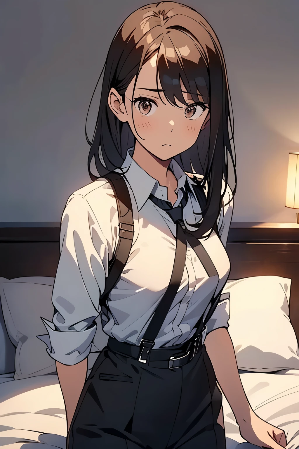 Brown Hair、Staring at the audience Black suspenders bulging big breasts wall: Black pantsuit sight Small face holster Beautiful woman Show your hand Lying in bed sight Taunt side side汗 arm Dress shirt Black Suit belt