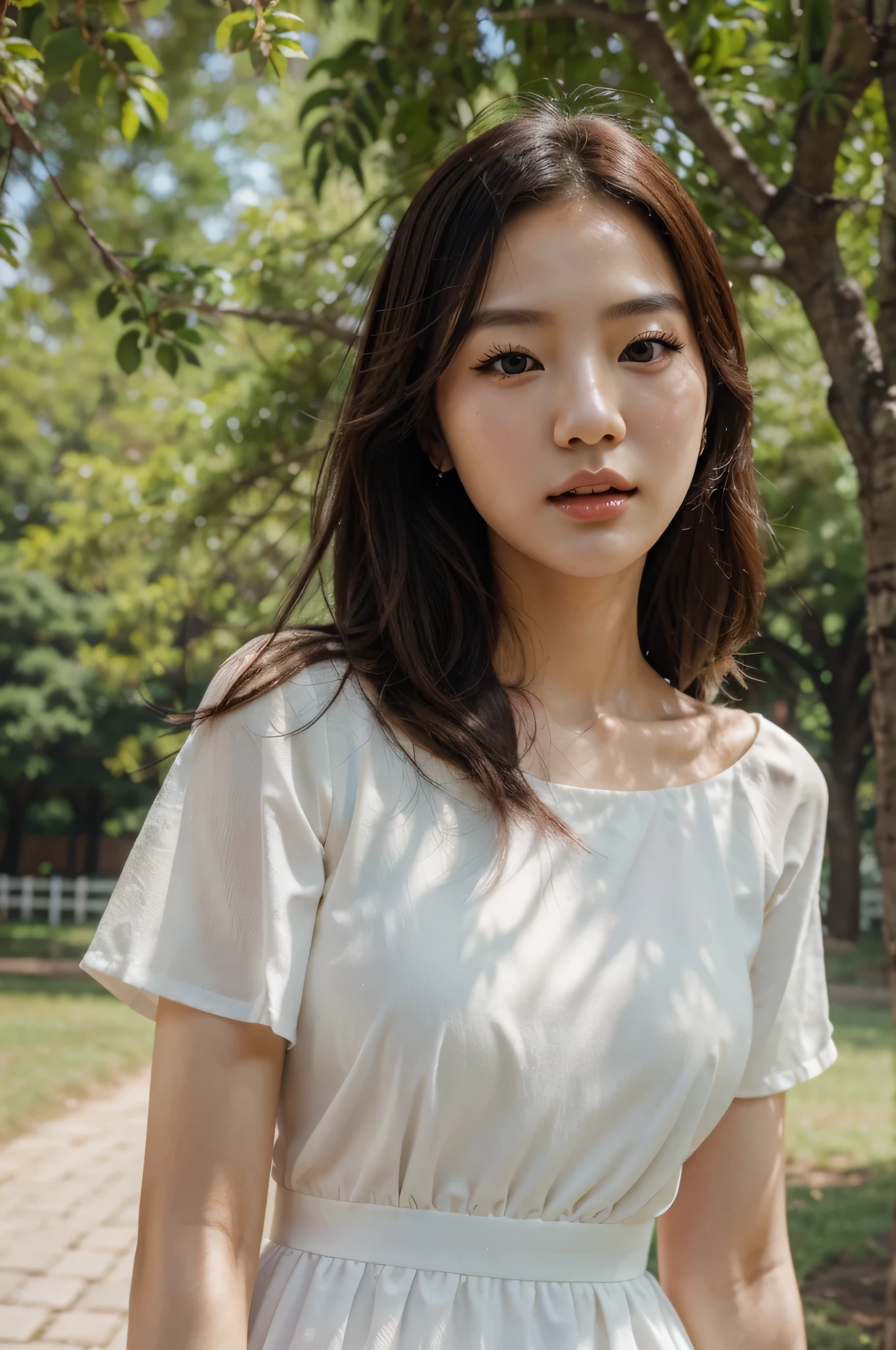 Beautiful Korean woman, singing under a tree, wearing a white dress, detailed face, detailed hair, detailed skin, looking camera