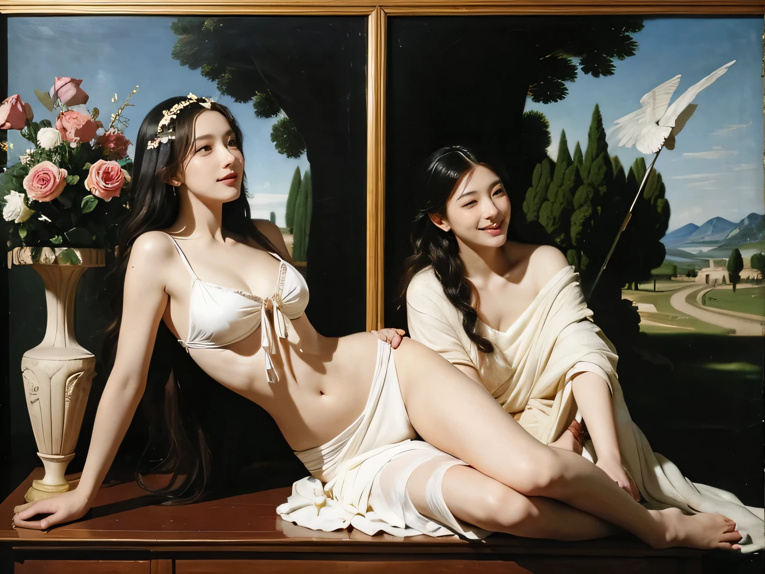 Female angel with two white wing,full body portrait or statue、Sandro Botticelli painting style,Arguments of two female Philosophe,math、astronomical machine、astronaut、roses in vase、fruits、Cute trinkets、smile、ancient greek costume、Ancient Roman landscape in the style of Nicolas Poussin,laughter,,Sweet and seductive appearance.、Caravaggio's paintings、Chiaroscuro of Caravaggio、hair tousled by the wind,Two women frolicking,cute smile, expression of ecstasy,Sexy,erotic