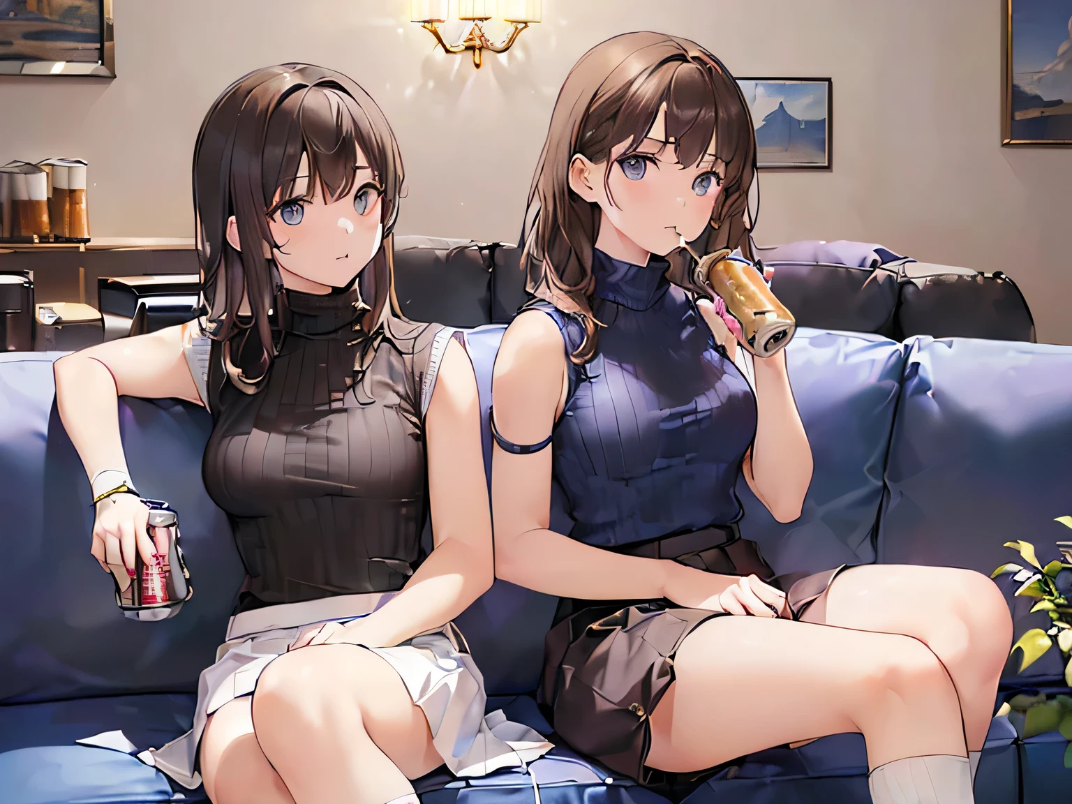 (Masterpiece, highest quality, high resolution, realistic photos, realistic looking skin:1.1),
(Two women are sitting on an apartment living room couch in the middle of the night drinking beer cans:1.8),
(Both of them look like they are enjoying themselves:1.5), 
(The first is wearing a white sleeveless turtleneck knit, a gray miniskirt, and white socks:1.5),
(The second wears a blue short-sleeved turtleneck knit, a white miniskirt, and white socks:1.5),
(The first has short brown hair, the second has long brown hair:1.5),
(Location: living room couch in apartment at midnight:1.8),
Japanese girl, full-bodied esbian, beautiful eyes, glowing eyes, glowing thighs, NSFW