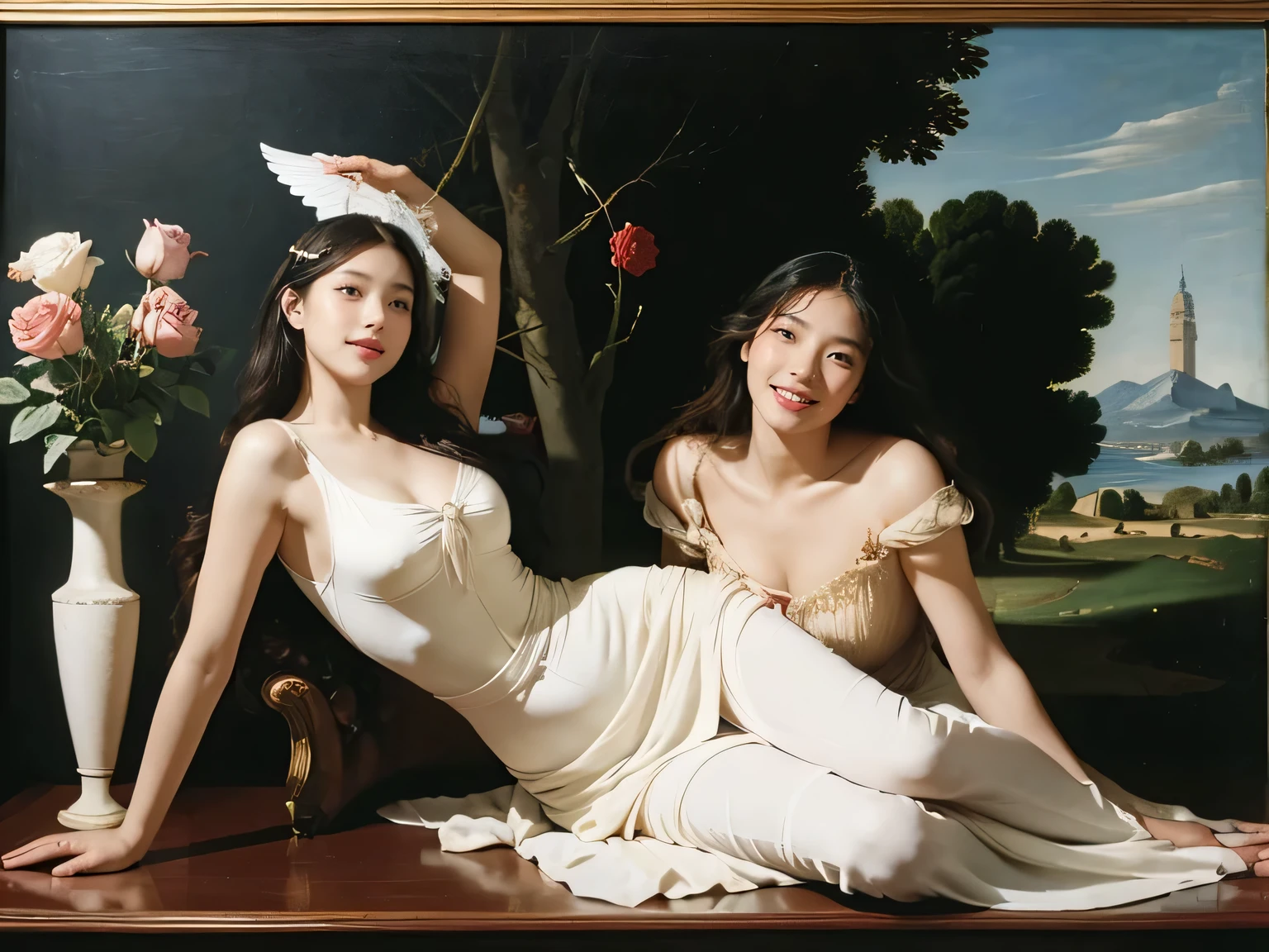 Female angel with two white wing,full body portrait or statue、Sandro Botticelli painting style,Arguments of two female Philosophe,math、astronomical machine、astronaut、roses in vase、fruits、Cute trinkets、smile、ancient greek costume、Ancient Roman landscape in the style of Nicolas Poussin,laughter,,Sweet and seductive appearance.、Caravaggio's paintings、Chiaroscuro of Caravaggio、hair tousled by the wind,Two women frolicking,cute smile, expression of ecstasy,Sexy,erotic