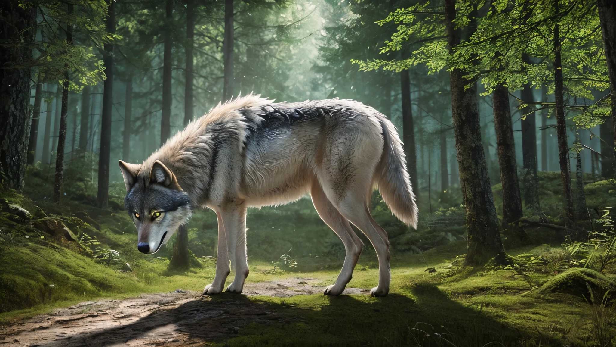 Develop a mesmerizing image of a wolf that lives in forest, detailed and high definition art, rtx on, hdr, 4k