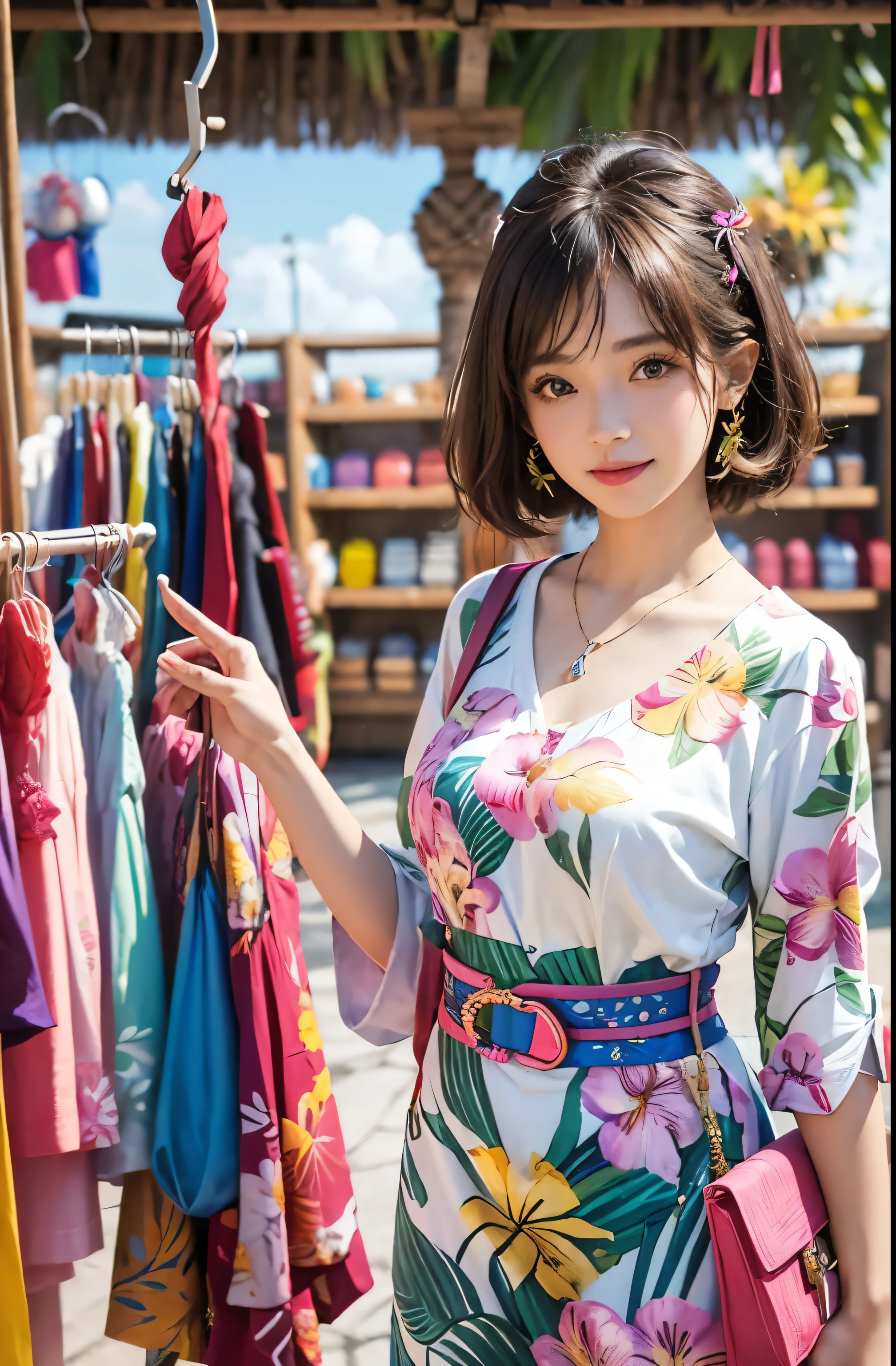 ((highest quality、8k、masterpiece:1.3))、Sharp focus:1.2、(Realistic、Photorealistic:1.37)、((Beautiful smile))、Focus on the viewer、Woman with beautiful face、(((32 years old)))、Pointed Chest、Long eyelashes、Colored Contact Lenses、big 、Delicate、Very fine grain、Very fine eyebrows、(Sharp eyebrows)、(Thin eyebrows)、Very very very detailed face、((Brunette short messy hair)),Dressed、Detailed Background(8k、masterpiece、highest quality、Raw photo)
(((In a shop with a tropical resort atmosphere of Bali、(Choosing colorful clothes from the hanger:1.3)Please draw a woman:1.3)))There is a wooden display rack in the background.、Colorful batik and sarongs、Sandals and other accessories are included。Outside the shop you can see a lush tropical garden.、Palm trees and vibrant flowers々is in full bloom。
She is wearing a clean white blouse and denim skirt.、I am looking at bright and colorful tropical clothing.。Her expression is joyful、His eyes were wide open in a bit of surprise.、A gentle smile on her lips。
Her mannerisms are relaxed.、She is holding a batik dress in her left hand and gently stroking it with her right hand.。Other tourists and store clerks can be seen in the background.、The shop is filled with bright natural light.。