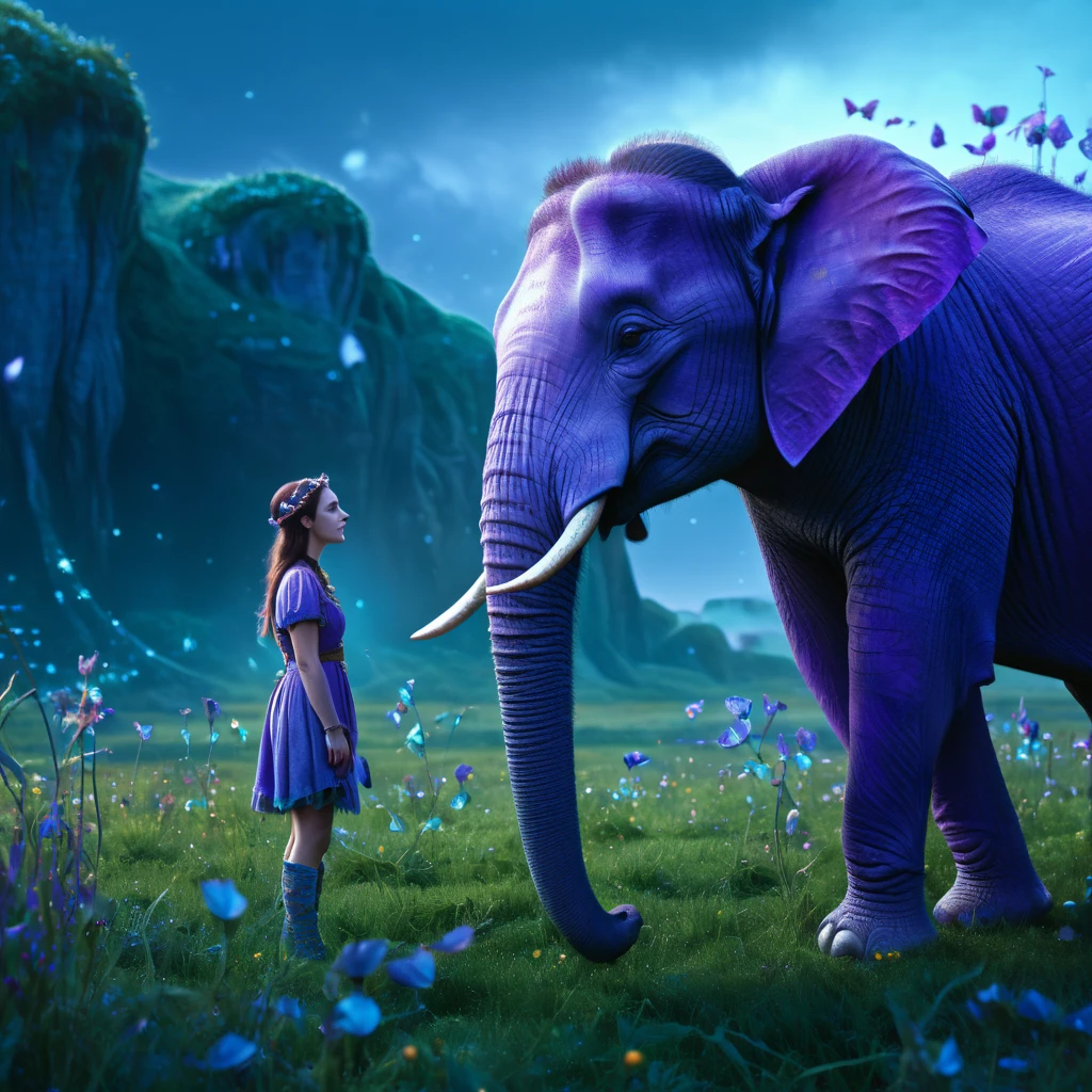 a cryptic girl, elf companion, purple elephants, blue prairie, ethereal, fantasy, magical realism, highly detailed, 8k, cinematic lighting, vibrant colors, dramatic composition, intricate details, imaginative, cinematic perspective, surreal, dreamlike, whimsical, beautiful, magical, (best quality,4k,8k,highres,masterpiece:1.2),ultra-detailed,(realistic,photorealistic,photo-realistic:1.37)