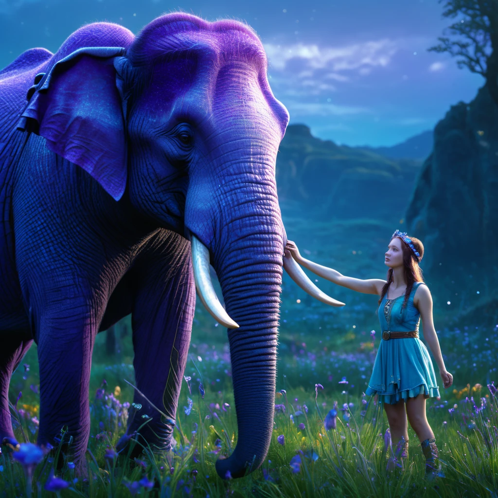a cryptic girl, elf companion, purple elephants, blue prairie, ethereal, fantasy, magical realism, highly detailed, 8k, cinematic lighting, vibrant colors, dramatic composition, intricate details, imaginative, cinematic perspective, surreal, dreamlike, whimsical, beautiful, magical, (best quality,4k,8k,highres,masterpiece:1.2),ultra-detailed,(realistic,photorealistic,photo-realistic:1.37)