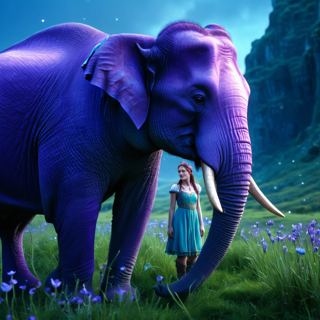 a cryptic girl, elf companion, purple elephants, blue prairie, ethereal, fantasy, magical realism, highly detailed, 8k, cinematic lighting, vibrant colors, dramatic composition, intricate details, imaginative, cinematic perspective, surreal, dreamlike, whimsical, beautiful, magical, (best quality,4k,8k,highres,masterpiece:1.2),ultra-detailed,(realistic,photorealistic,photo-realistic:1.37)