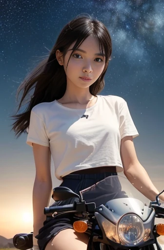 a lot of details, (slender waist), 30 years old, detailed black hair, beautiful detailed hair, super fucking beautiful, complex details beautiful and delicate eyes, perfect hands, (small breasts best quality), perfect and delicate limbs, detailed skin, best quality, ultra-detailed,
desert, motorcycle, running at full speed, (A scene where an off-road motorcycle is running at full speed while raising sand smoke:1.3), (green mini skirt), (white t-shirt), in the desert, (with a starry sky:1.3), (at midnight:1.2), long shot, low angle shot, gigantic scale,(darkness:1.3)