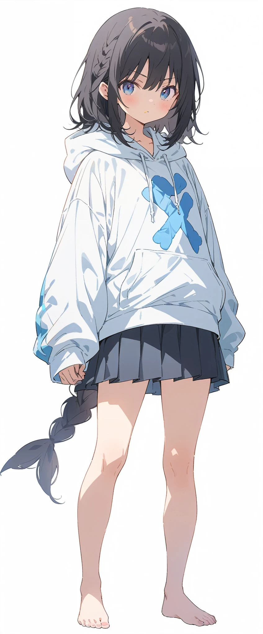 White background、Solid white background、Blank background、just standing girl, only one girl、Full body shot from the front,Ultra-high resolution, highest quality,fish-bone braid hair、Fishbone Hair、Flat Chest、beautiful detailed eyes、black hair、Black hair × Blue eyes、blue eyes、Serious expression、 Plain white hoodie、Black pleated skirt、barefoot