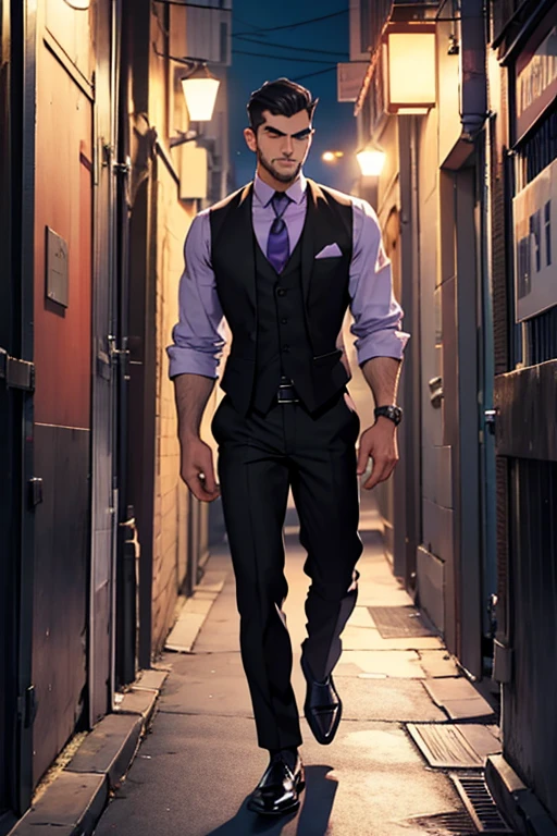 young weak man, thin arms, no definition, no beard, shorter brow hair, black eyes, purple dress shirt, black waistcoat, black pants, social style, city, night