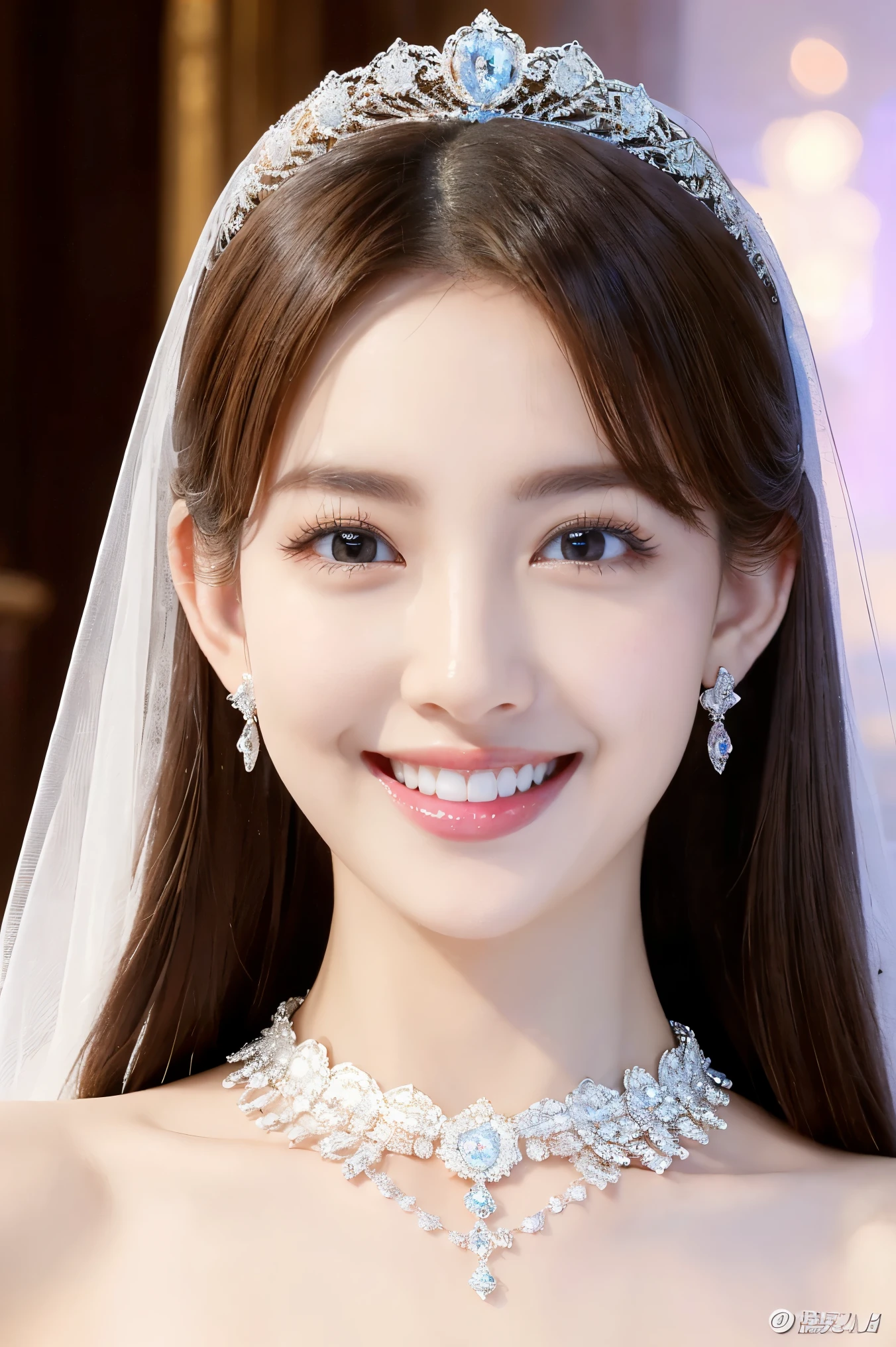 (highest quality、Tabletop、8k、Best image quality、Award-winning works)、One beautiful bride、(alone:1.1)、(The most extravagant and gorgeous huge wedding dresses:1.1)、(Perfect Wedding Lace:1.2)、(The most extravagant and luxurious giant tiara:1.1)、(The most extravagant and luxurious giant necklace:1.1)、The most beautiful smile is looking at me、A wide selection of the finest jewellery、(Bridal upper body photo:1.1)、Perfect Makeup、Long eyelashes、Ultra HD Shining Eyes、Ultra HD Hair、Ultra High Resolution Glossy Lips、Ultra High Resolution Perfect Teeth、Super high resolution beautiful face、(Accurate anatomy:1.1)、(Very bright and beautiful skin:1.2)、(very bright and vivid:1.2)、(Luxury royal palace wedding venue background:1.1)