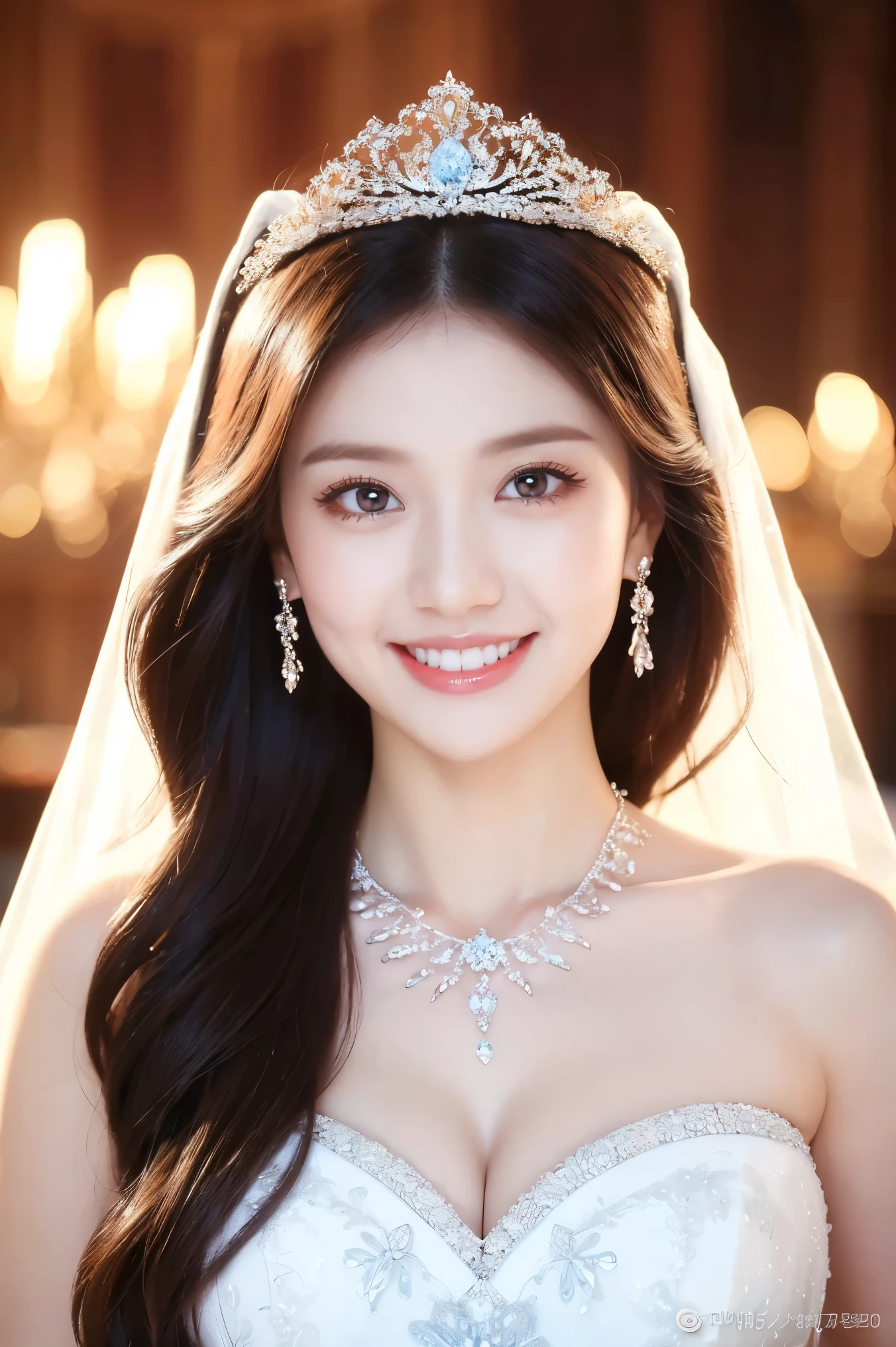 (highest quality、Tabletop、8k、Best image quality、Award-winning works)、One beautiful bride、(alone:1.1)、(The most extravagant and gorgeous huge wedding dresses:1.1)、(Perfect Wedding Lace:1.2)、(The most extravagant and luxurious giant tiara:1.1)、(The most extravagant and luxurious giant necklace:1.1)、The most beautiful smile is looking at me、A wide selection of the finest jewellery、(Bridal upper body photo:1.1)、Perfect Makeup、Long eyelashes、Ultra HD Shining Eyes、Ultra HD Hair、Ultra High Resolution Glossy Lips、Ultra High Resolution Perfect Teeth、Super high resolution beautiful face、(Accurate anatomy:1.1)、(Very bright and beautiful skin:1.2)、(very bright and vivid:1.2)、(Luxury wedding venue background:1.1)