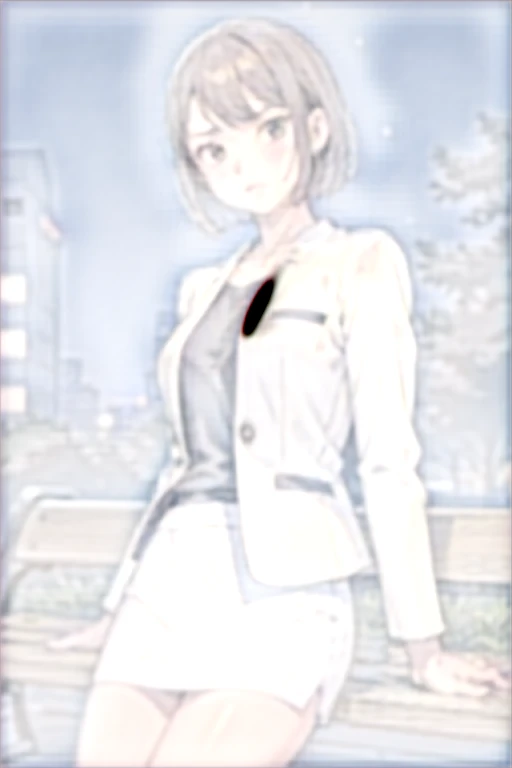 saeko, white jacket, t-shirt, black undershirt, white skirt,
1girl, park bench, park, night, beer can, dizzy \(feeling\), confused, blush