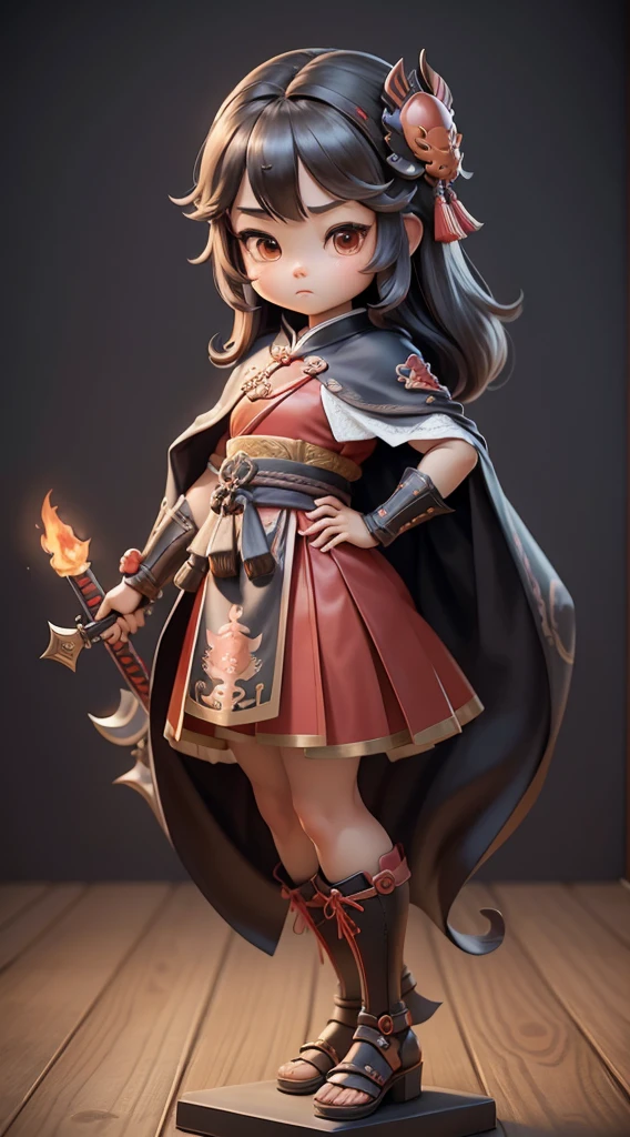 (Best quality), masterpiece、Top quality、Super detailed、 3D, 2 year old girl，Big head doll。face camera，Full body portrait（（Red cape）），Nendoroid 3D, Zhao Yun, guan yu, Big-headed figures。The red shrimp shell is very cute。Cute expression。（Shrimp head red helmet），Two raised shrimp eyes on both sides of the top. （The top of the head is decorated with two long shrimp tentacles.）。wearing samurai armor。（The other hand holds the sword，There are many swords，Shutter shape details）。The instrument shimmers with metallic luster.。Stance defensive martial arts。Chinese Kung Fu styling。Action。Realistic characters。The hand has 5 fingers。Correct posture for holding a gun