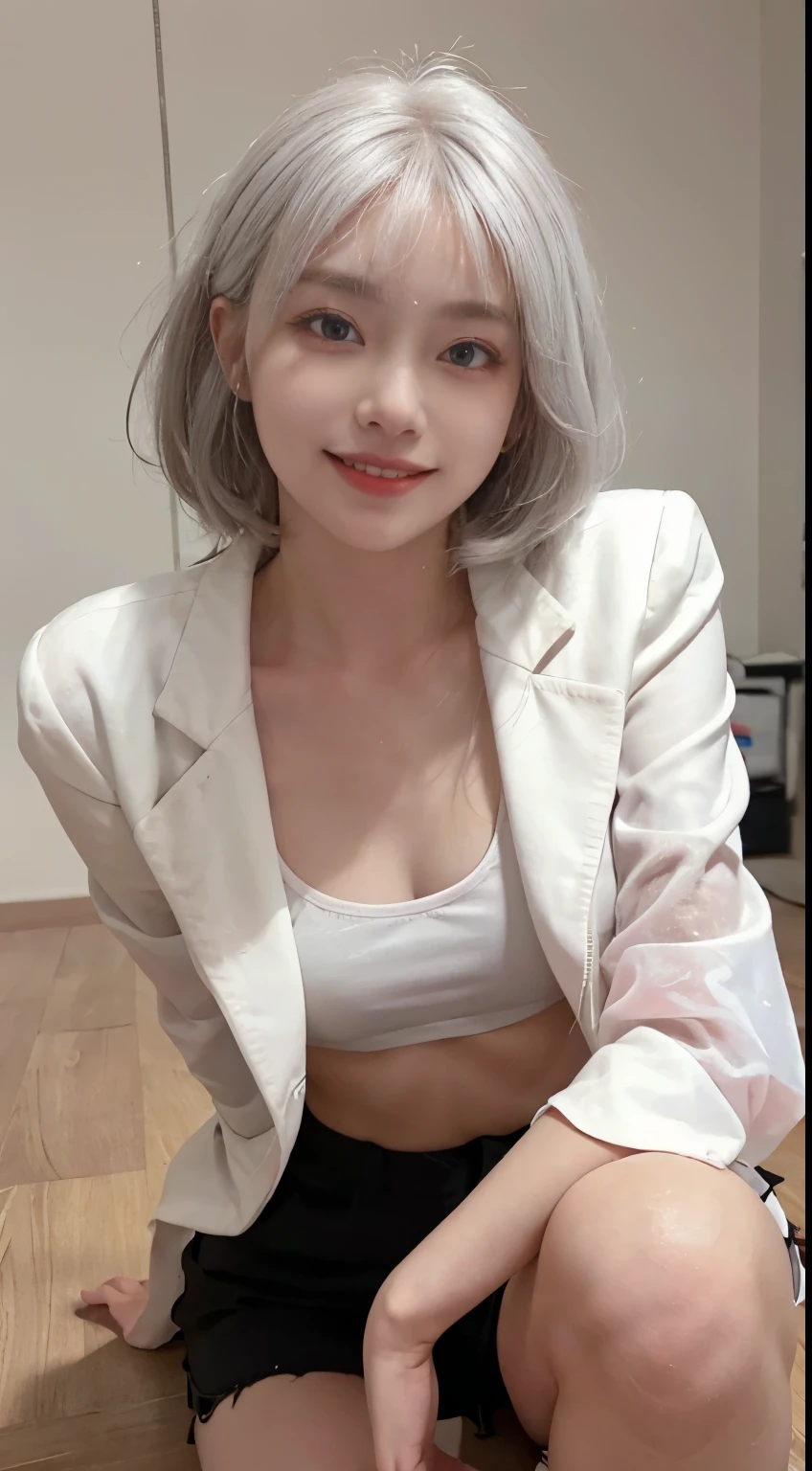 Best image quality、RAW Photos、超A high resolution、21 years old Korean、Small breasts、Dynamic Angle、Cowboy Shot、Chaos in its most beautiful form、elegant、Brutalist Design、Vibrant colors、Beautiful white hair、Short Bob、smile、fun、smile、Glowing White Skin、Beautiful eyes with random colors、Very thin lips、Beautiful eyes in every detail、length, Narrow eyes、Cheeks are pale pink、length eyelashes、Beautiful double eyelids、eye shadow、Bright white hair、Black cropped top、Lightweight see-through jacket、hot pants、Sandy Beach、Squat