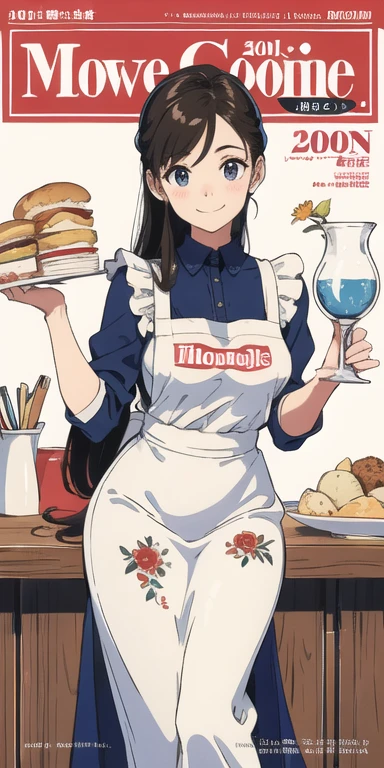 (Best Quality, Masterpiece), Women's Cooking Magazine Cover, 1girl, 20 years old, stunning, cute, warm smile, hourglass figure, floral dress, apron, food, text, chart, advertising, magazine title