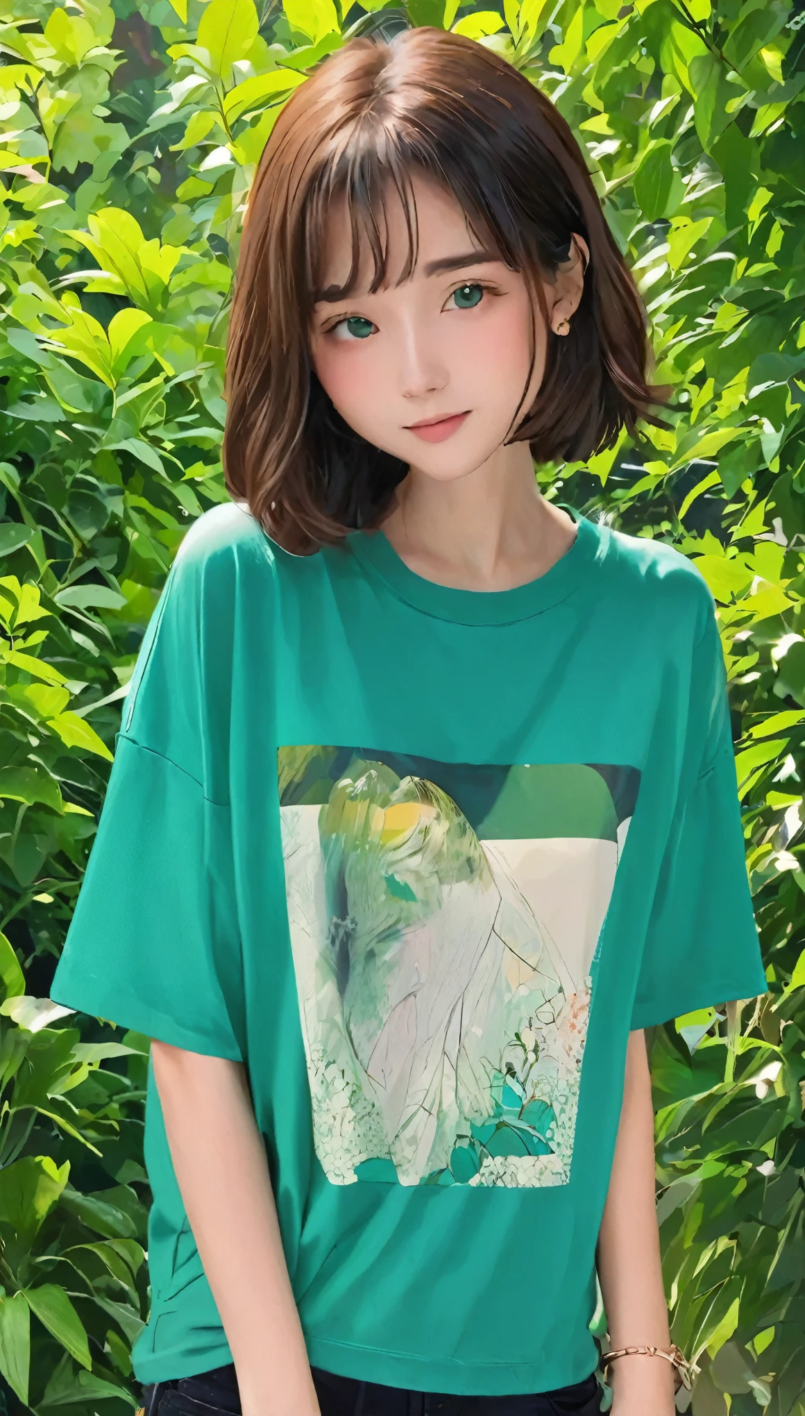 Geometric background:1.3、Dark、Cute girl hair、avert your eyes、White BuggyＴshirt、プリントshirt、Loose-fitting clothing、Retro、highest quality、Ultra-detailed、High quality details、green