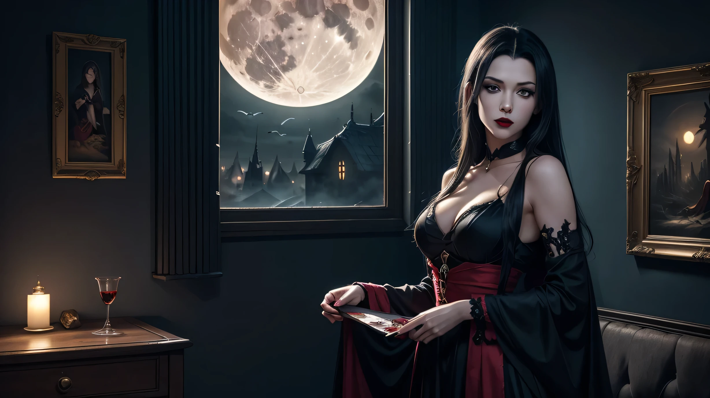 Dark castle room, with old furniture and paintings on the wall neat the open window where you can see full moon stand beautiful female vampire, she have pale skin saphire blue eyes, dark red lipstick and eye shadows, her hair is long and b;ack with a red highligh line, she dressed in long black ghothic dress, she licking blood from long sharp nails on her finders, (ultra high quality fantasy art, dark fantasy style, masterpiece, ultra high quality character design, 8k quality anime art, realistic anime art, top quality wallpaper illustration, detailed ultra high quality accurate face, high quality design and accurate physic)