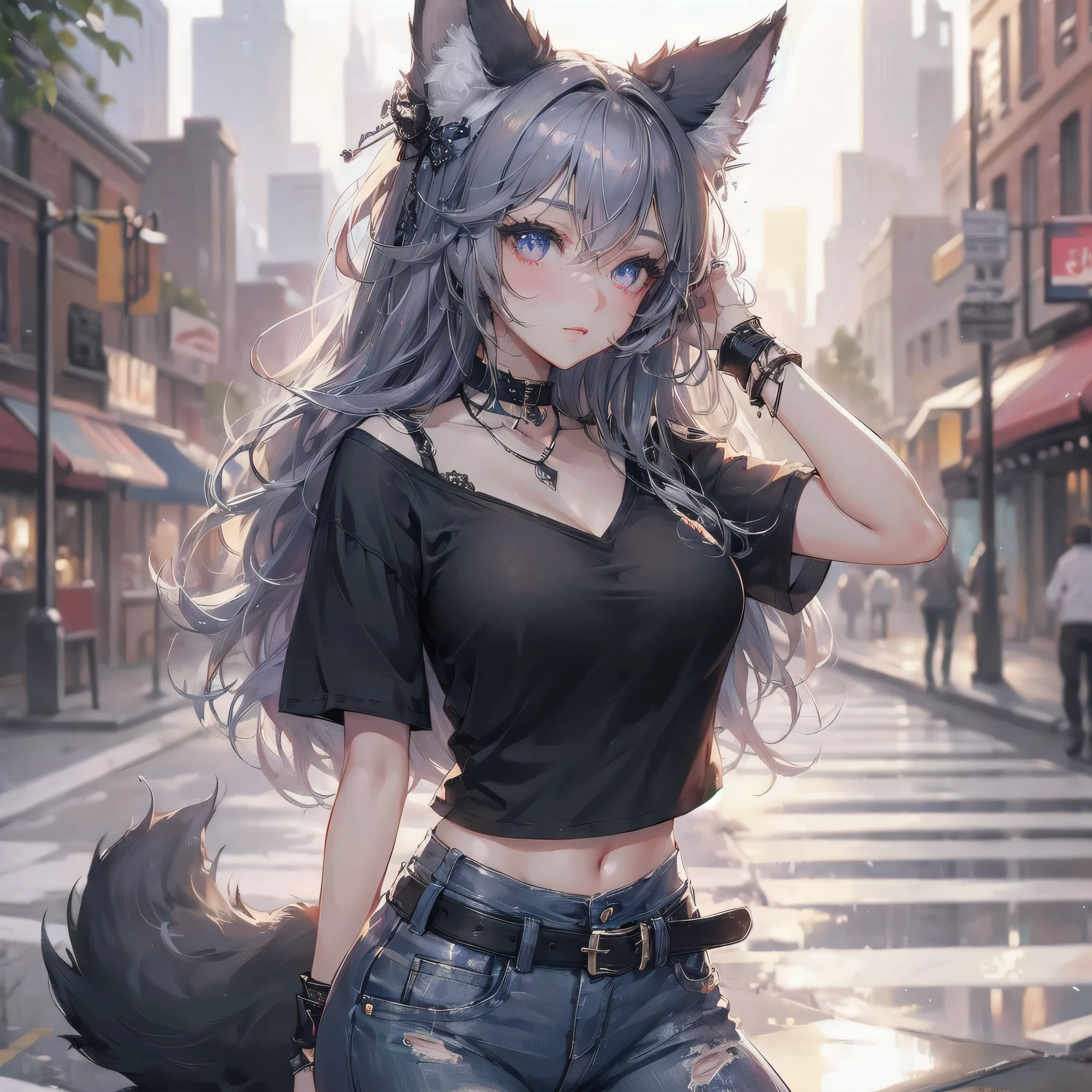 high quality,hd,16k,sharp line,1girl,fantasy,fem
ale wolf ears,wolf tail,beautiful hair ,cute face, large breasts ,nice legs,,focus girl,detailed beautiful face,detailed clothes,beautiful eyes,dynamic angle