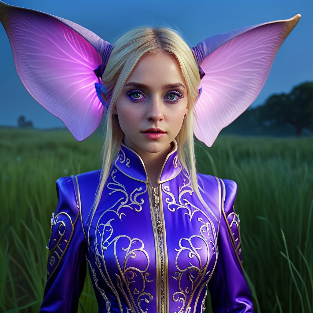 (subject 1: cryptic girl, blonde, high tech suit) (subject 2: elf companion, high fantasy regal outfit, very big eyes and ears) purple elephants, blue prairie, ethereal, fantasy, magical realism, highly detailed, 8k, cinematic lighting, vibrant colors, dramatic composition, intricate details, imaginative, cinematic perspective, surreal, dreamlike, whimsical, beautiful, magical, (best quality,4k,8k,highres,masterpiece:1.2),ultra-detailed,(realistic,photorealistic,photo-realistic:1.37)