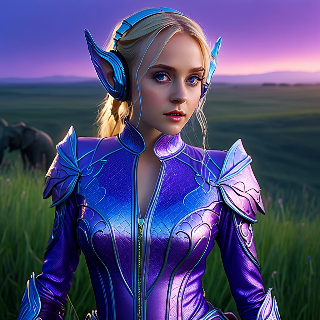(subject 1: cryptic girl, blonde, high tech suit) (subject 2: elf companion, high fantasy regal outfit, very big eyes and ears) purple elephants, blue prairie, ethereal, fantasy, magical realism, highly detailed, 8k, cinematic lighting, vibrant colors, dramatic composition, intricate details, imaginative, cinematic perspective, surreal, dreamlike, whimsical, beautiful, magical, (best quality,4k,8k,highres,masterpiece:1.2),ultra-detailed,(realistic,photorealistic,photo-realistic:1.37)