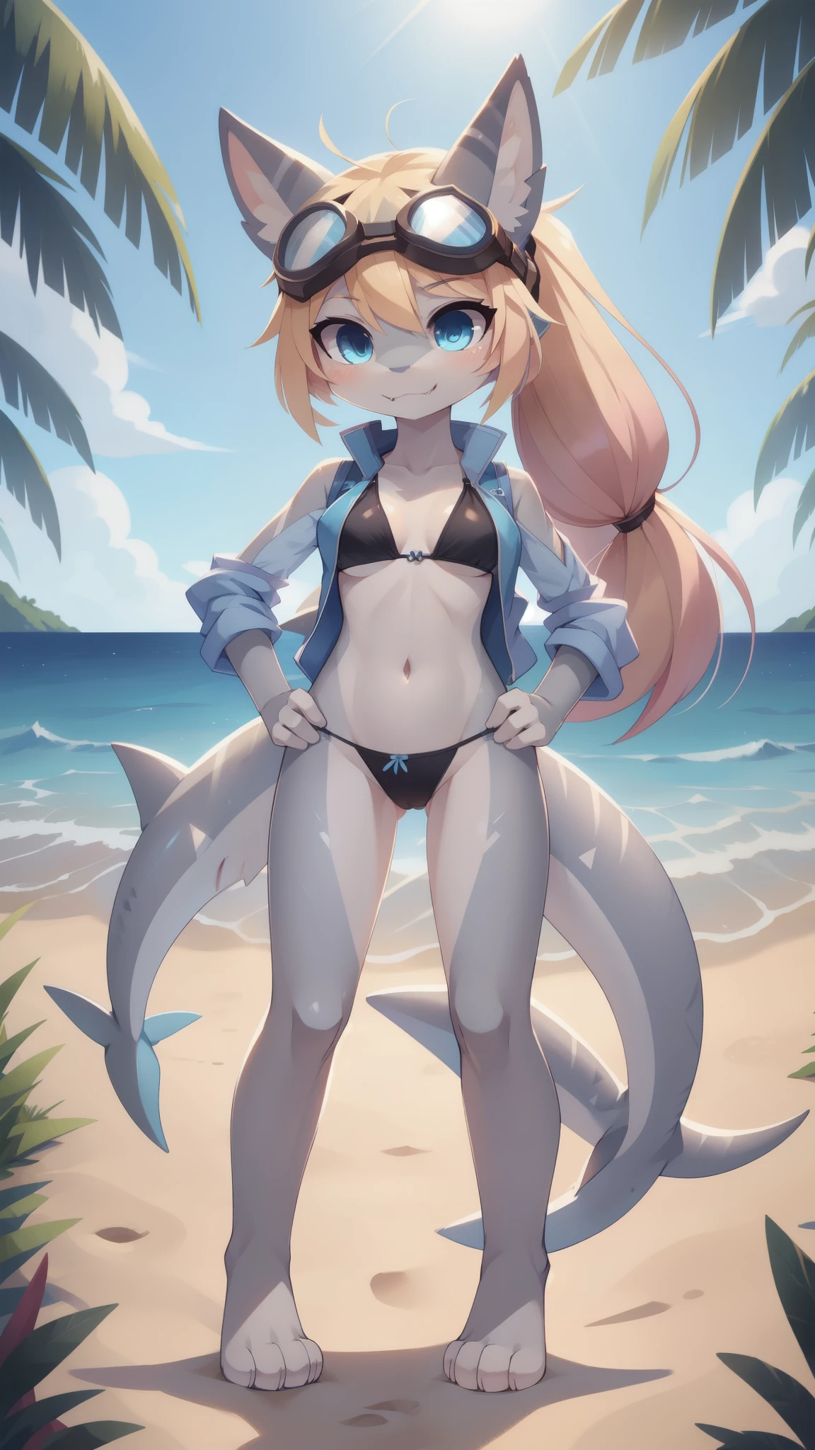 Shark girl, anthro, cute hair, long ponytail, two tone hair, blonde hair, pink hair, blue eyes, medium breasts, detailed body, furry ears, shark nose, ((goggles, blue vest, open clothes, black bikini)), masterpiece, looking at you, two tone body skin, gray body skin, clear gray body skin, detailed face, detailed eyes, detailed body, perfect lighting, perfect shadows, perfect eyes, perfect hair, perfect face, gorgeous body, detailed hands, glistering body, shiny body, skinny, spectacular effect, fangs, solo, :3, hands on hips, beach, clear sky, full body, feets with three toes, 3 toes,