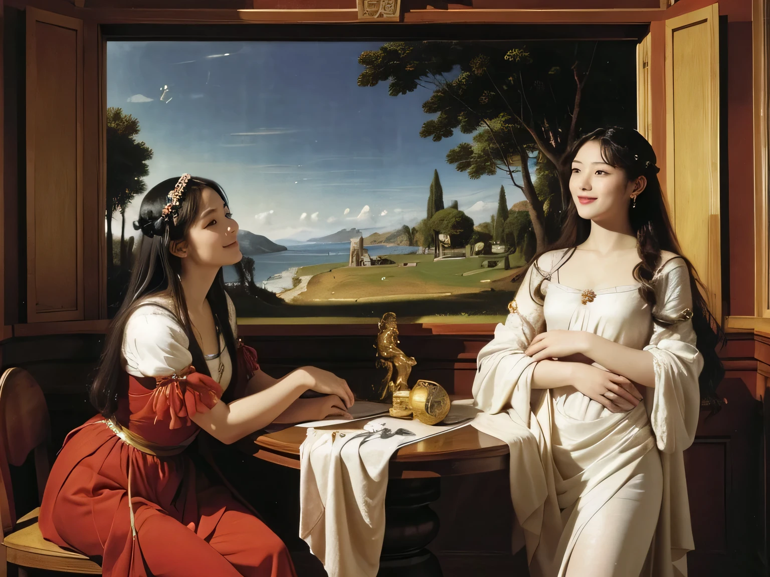 Female angel with two white wing,full body portrait or statue、Sandro Botticelli painting style,Arguments of two female Philosophe,math、astronomical machine、astronaut、roses in vase、fruits、Cute trinkets、smile、ancient greek costume、Ancient Roman landscape in the style of Nicolas Poussin,laughter,,Sweet and seductive appearance.、Caravaggio's paintings、Chiaroscuro of Caravaggio、hair tousled by the wind,Two women frolicking,cute smile, expression of ecstasy,Sexy,erotic