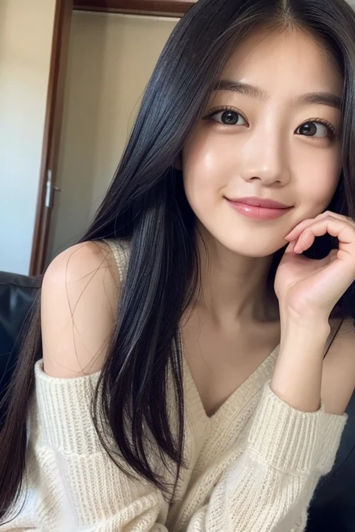 masterpiece, highest quality, 8k, Ultra-dense skin, Perfect Anatomy,Upper Body, Face close-up,cute,My Imada,1 girl,Long black hair,Straight hair,Oily, shiny skin,Smooth Skin,Looking at the audience,Sharp focus,focus on,Off-the-shoulder sweater,Shorts,On the sofa,15 years old,An innocent smile,double eyelid,Fine grain,Excited,Sexy pose,erotic