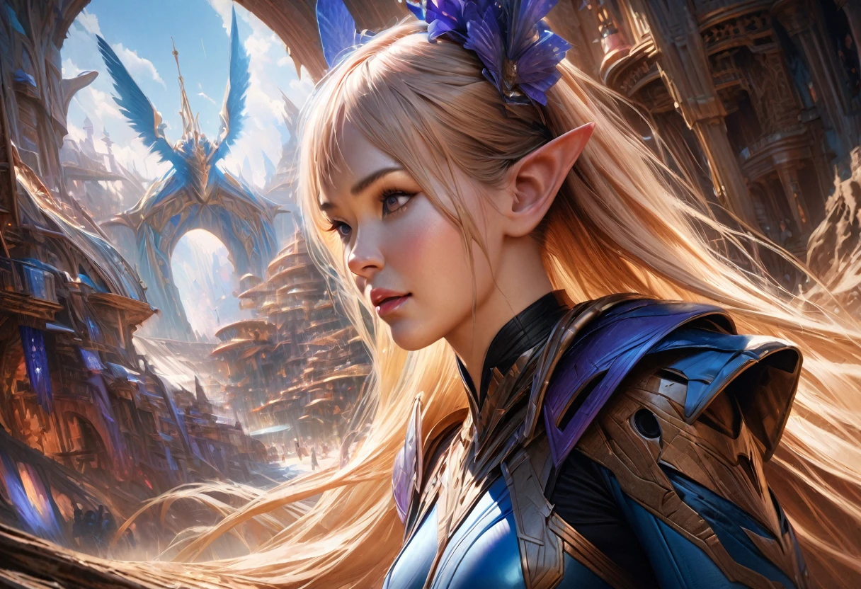 (subject 1: cryptic girl, blonde, high tech suit) (subject 2: elf companion, high fantasy regal outfit, very big eyes and ears) purple elephants, blue prairie, ethereal, fantasy, magical realism, highly detailed, 8k, cinematic lighting, vibrant colors, dramatic composition, intricate details, imaginative, cinematic perspective, surreal, dreamlike, whimsical, beautiful, magical, (best quality,4k,8k,highres,masterpiece:1.2),ultra-detailed,(realistic,photorealistic,photo-realistic:1.37)
