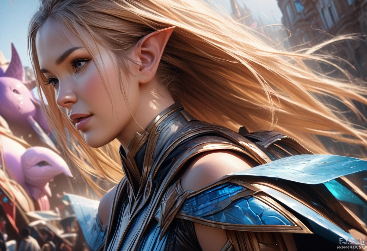 (subject 1: cryptic girl, blonde, high tech suit) (subject 2: elf companion, high fantasy regal outfit, very big eyes and ears) purple elephants, blue prairie, ethereal, fantasy, magical realism, highly detailed, 8k, cinematic lighting, vibrant colors, dramatic composition, intricate details, imaginative, cinematic perspective, surreal, dreamlike, whimsical, beautiful, magical, (best quality,4k,8k,highres,masterpiece:1.2),ultra-detailed,(realistic,photorealistic,photo-realistic:1.37)