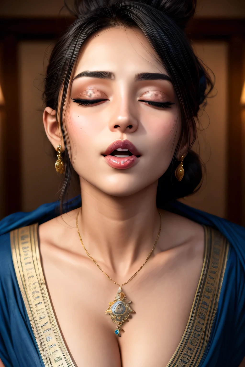 (best quality,4k,8k,highres,masterpiece:1.2),ultra-detailed,realistic:1.37,beautiful detailed eyes,beautiful detailed lips,extremely detailed eyes and face,longeyelashes,sexy woman with black hair in a bun,seductive eyes in intense gaze,mouth open with deep blush,flustered expression, beautiful long neck and collarbone,medium chest with cleavage,wearing a blue saree,lustful expression,sultry pose