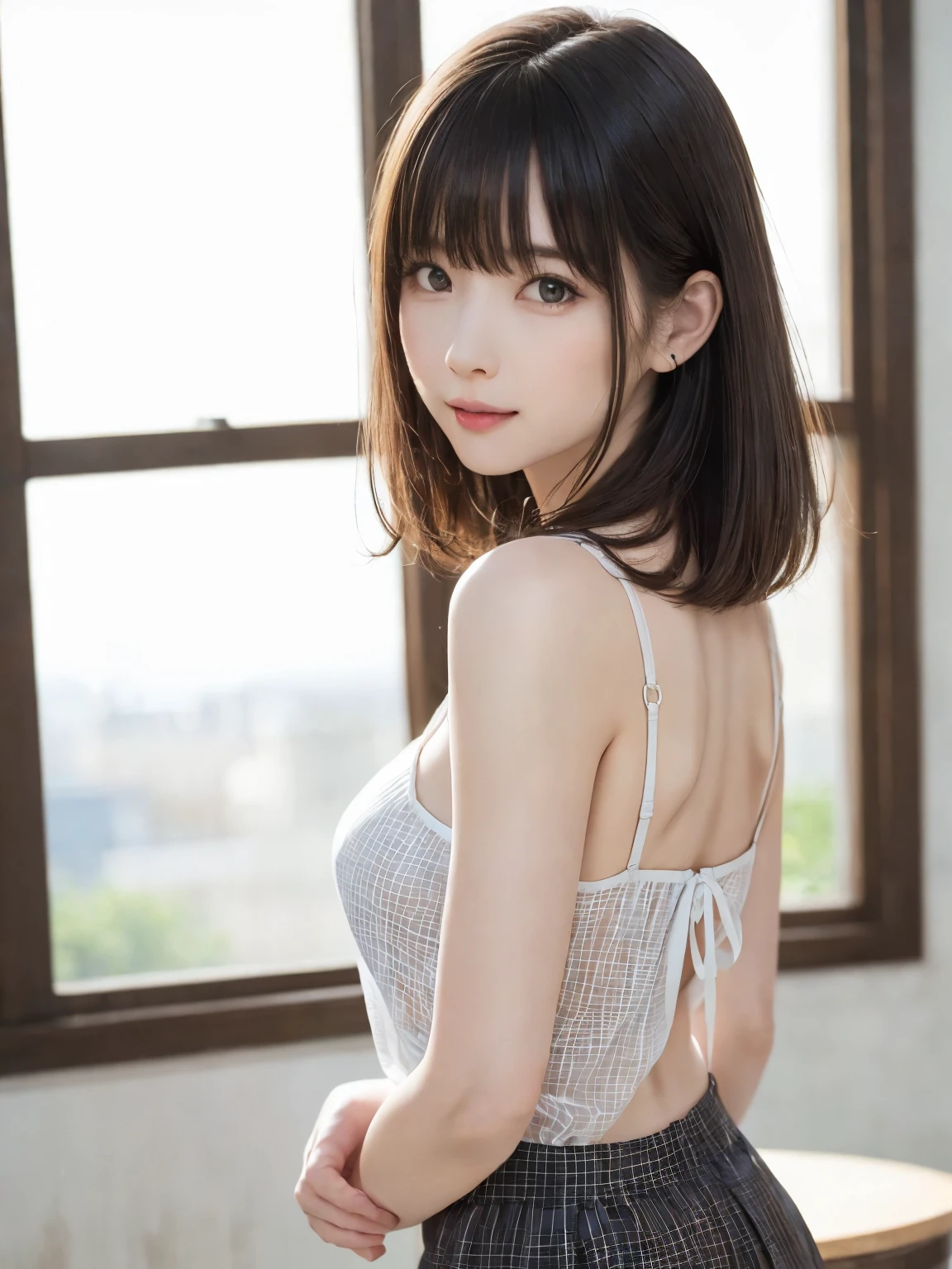 (From the back:1.4、Tabletop:1.4、highest quality:1.4、Best image quality:1.4、Cute beautiful adult woman, Adult smile:1.4、Beautiful Teeth、Lip gloss、Short Brunette Bob、Shiny shiny hair、Has shiny bangs:1.4、bangs:1.4、length, shiny shorthair、length neck:1.4、Show me your ears、Tall Supermodels、Broad shouldered supermodel、{Huge|big|Huge|Mega} chest, Beautiful chest have cleavage)、(very beautiful back、Cute school girl、Off-the-shoulder white see-through shirt、Checkered sheer loop pleated short skirt、28 years old)、Very cute and attractive woman