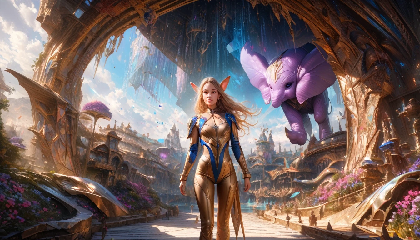 (subject 1: cryptic girl, blonde, high tech suit) (subject 2: elf companion, high fantasy regal outfit, very big eyes and ears) purple elephants, blue prairie, ethereal, fantasy, magical realism, highly detailed, 8k, cinematic lighting, vibrant colors, dramatic composition, intricate details, imaginative, cinematic perspective, surreal, dreamlike, whimsical, beautiful, magical, (best quality,4k,8k,highres,masterpiece:1.2),ultra-detailed,(realistic,photorealistic,photo-realistic:1.37)