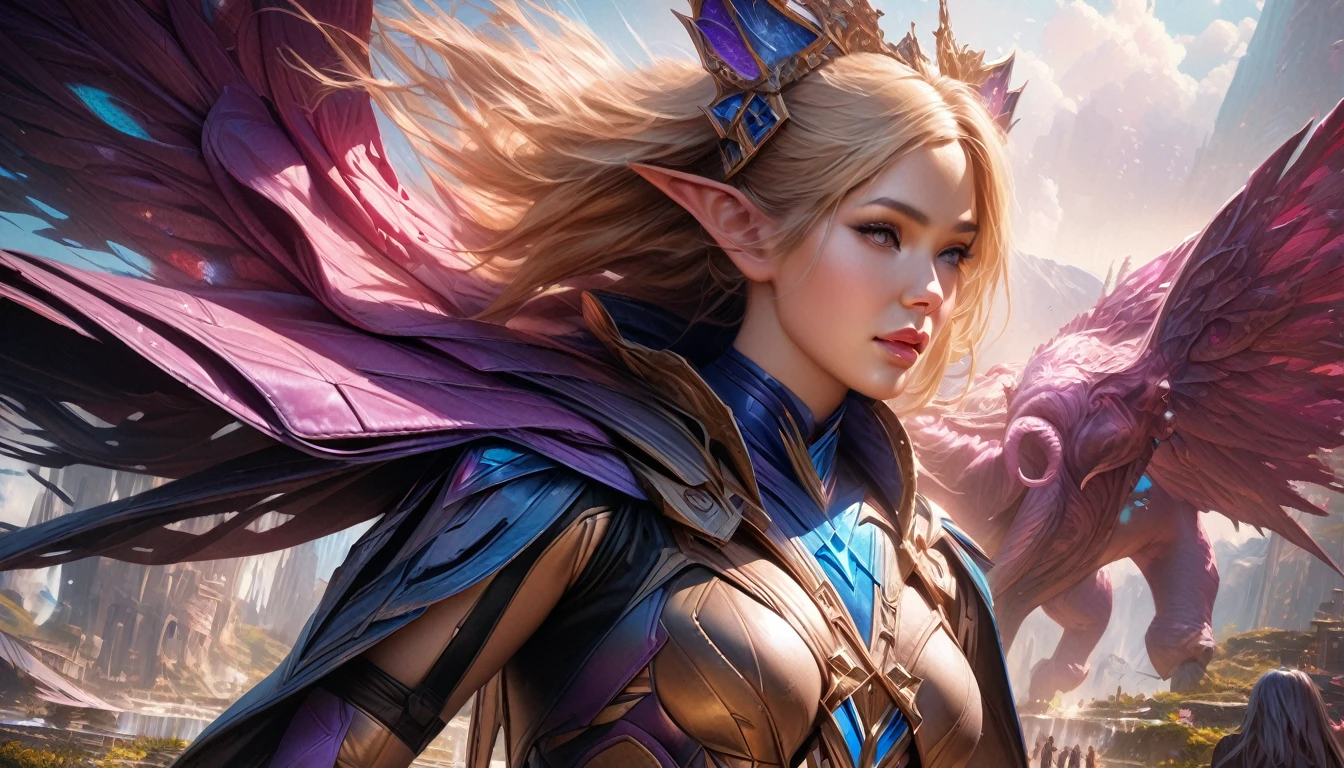 (subject 1: cryptic girl, blonde, high tech suit) (subject 2: elf companion, high fantasy regal outfit, very big eyes and ears) purple elephants, blue prairie, ethereal, fantasy, magical realism, highly detailed, 8k, cinematic lighting, vibrant colors, dramatic composition, intricate details, imaginative, cinematic perspective, surreal, dreamlike, whimsical, beautiful, magical, (best quality,4k,8k,highres,masterpiece:1.2),ultra-detailed,(realistic,photorealistic,photo-realistic:1.37)